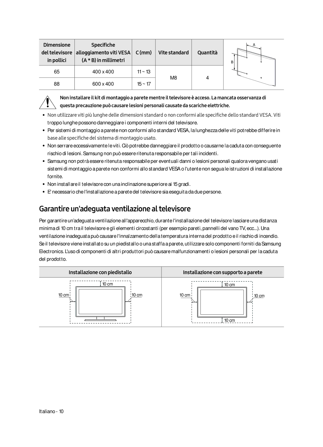 Samsung QE65Q9FGMTXZG, QE88Q9FGMTXZG manual Garantire unadeguata ventilazione al televisore, Installazione con piedistallo 