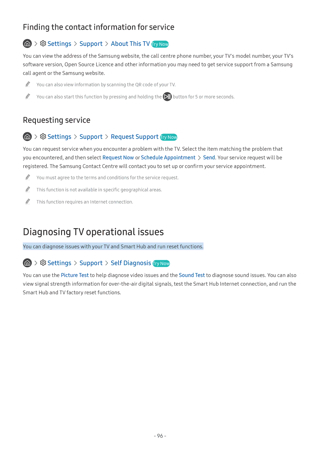 Samsung UE55MU6470UXZG, QE88Q9FGMTXZG manual Diagnosing TV operational issues, Settings Support About This TV Try Now 