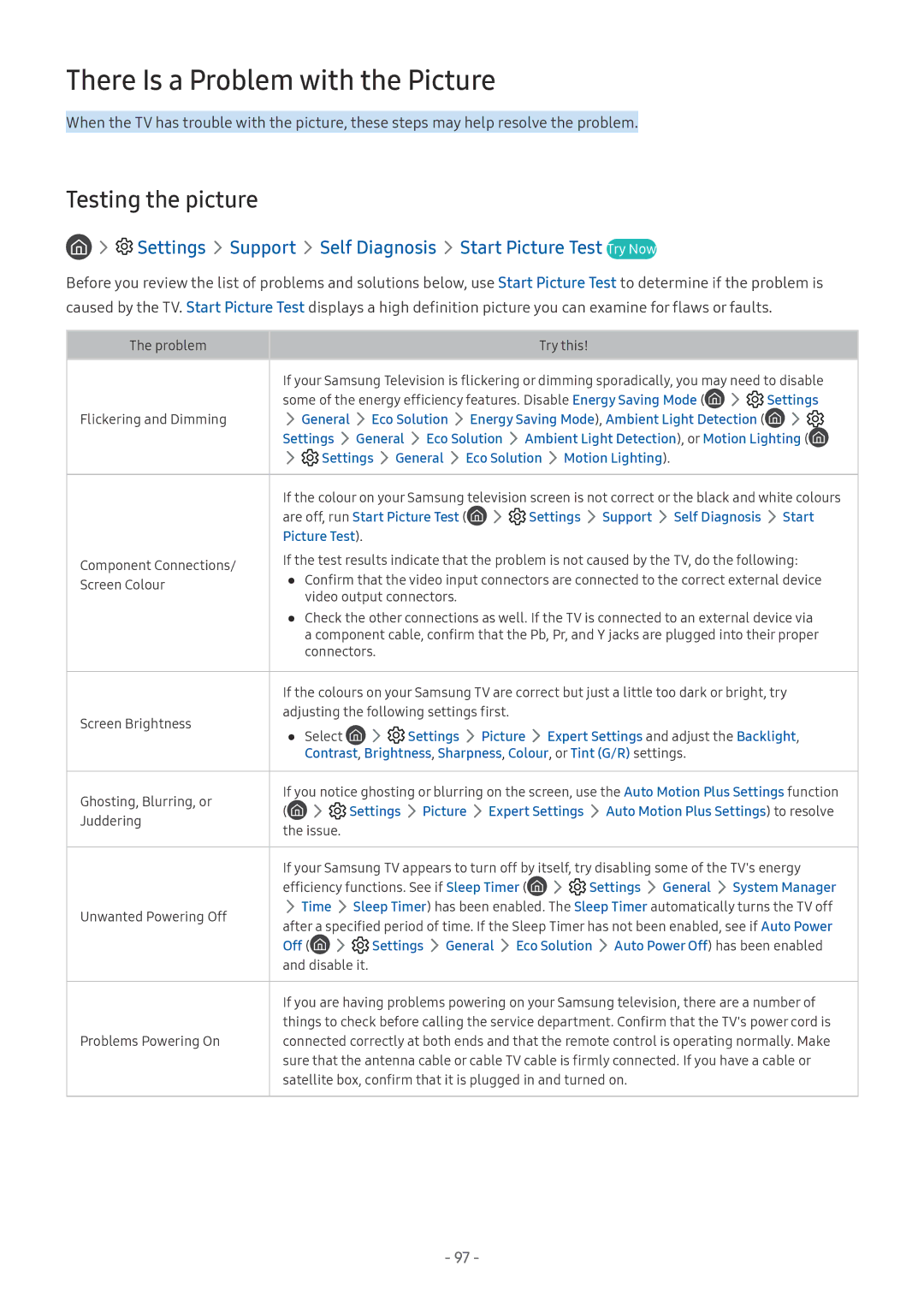 Samsung UE55MU6170UXZG, QE88Q9FGMTXZG, UE65MU9009TXZG manual There Is a Problem with the Picture, Testing the picture 