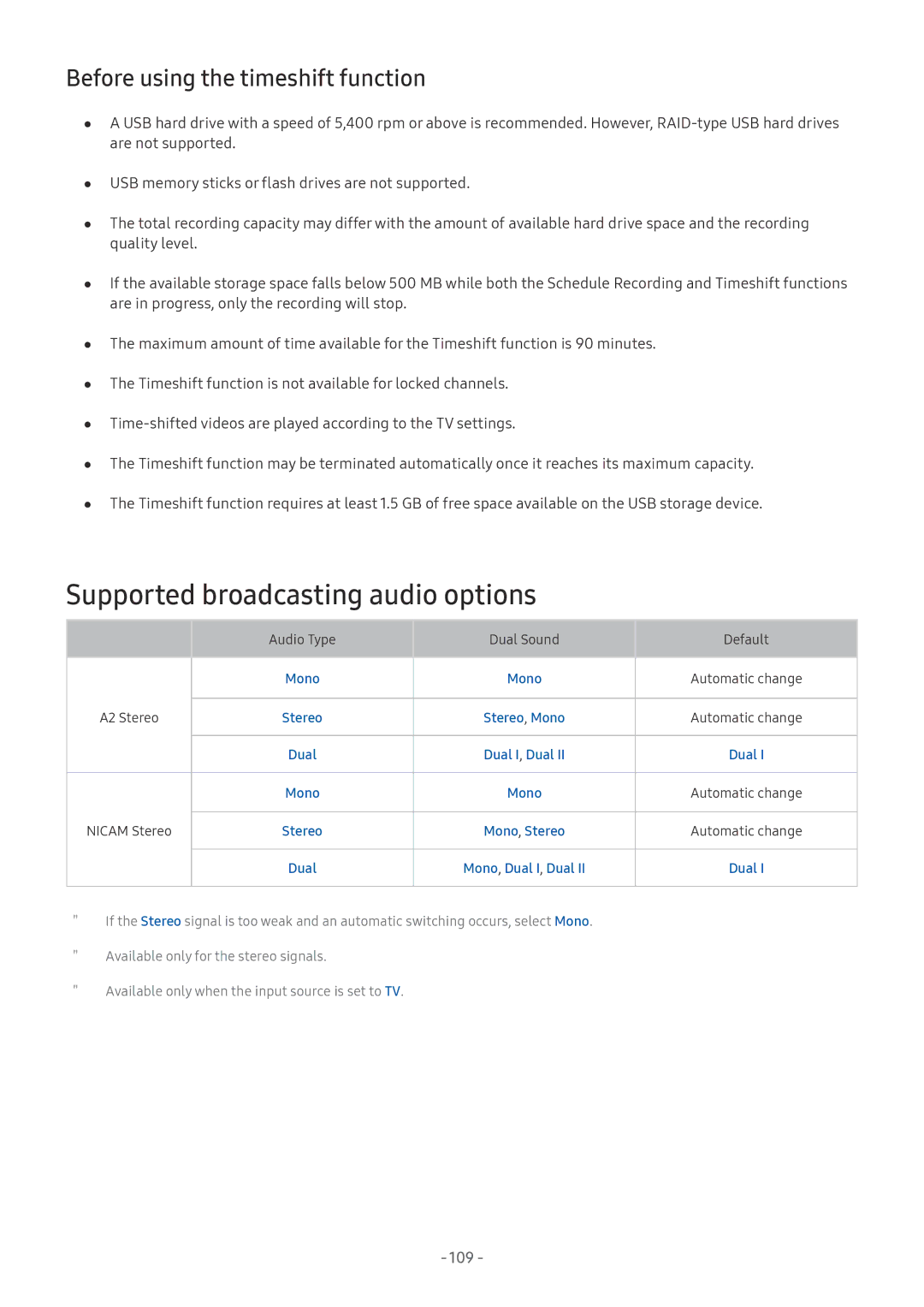 Samsung QE49Q7CAMTXZG Supported broadcasting audio options, Before using the timeshift function, Mono Automatic change 