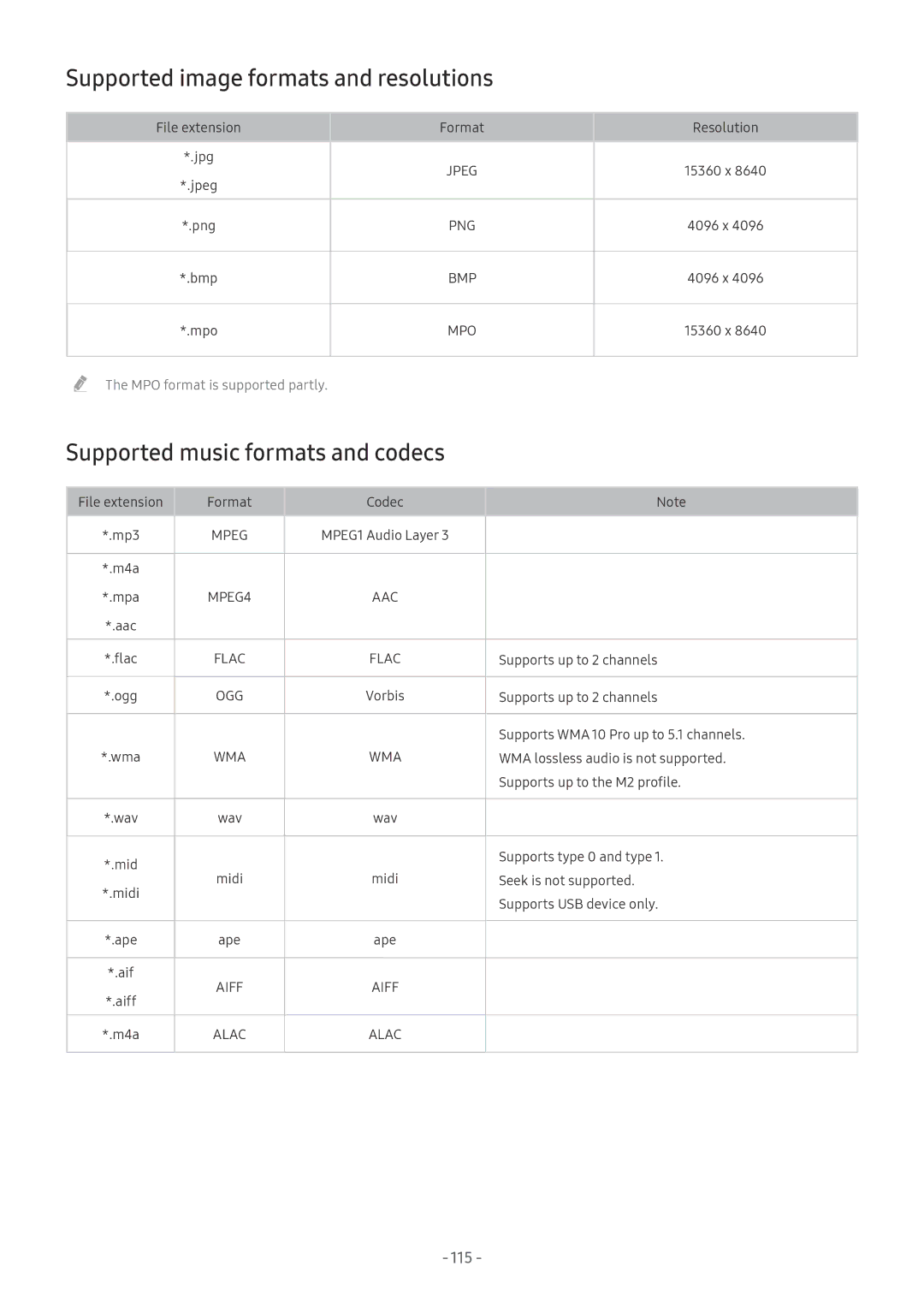 Samsung UE65MU6270UXZG, QE88Q9FGMTXZG manual Supported image formats and resolutions, Supported music formats and codecs 