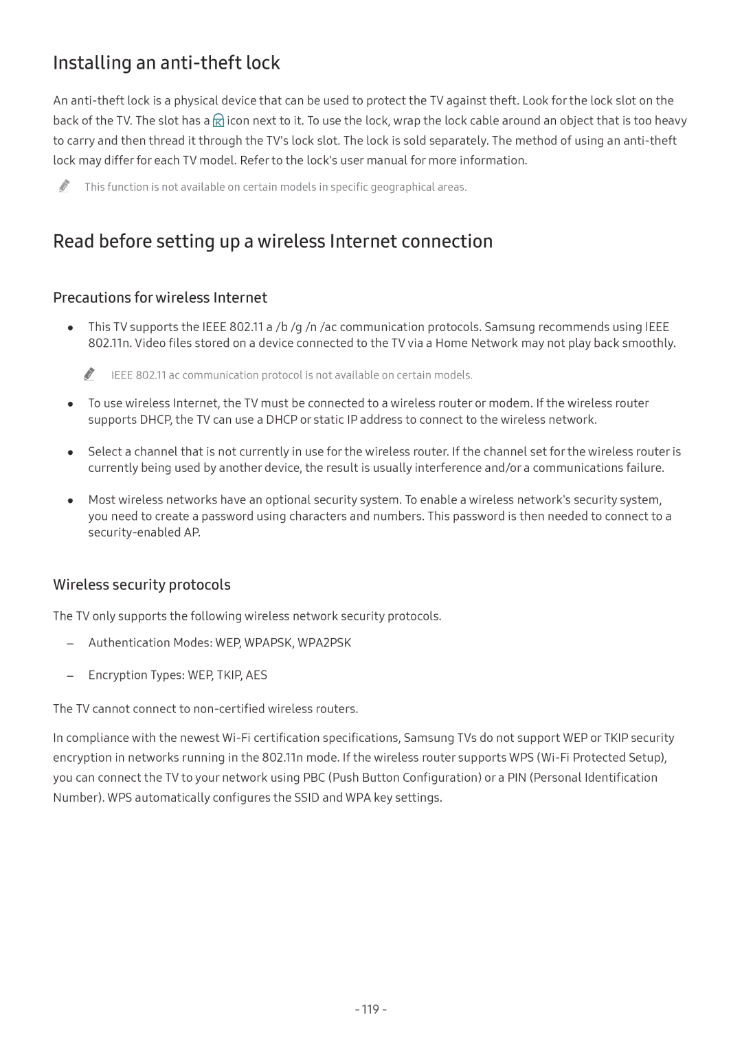 Samsung UE55MU8000TXZG, QE88Q9FGMTXZG Installing an anti-theft lock, Read before setting up a wireless Internet connection 