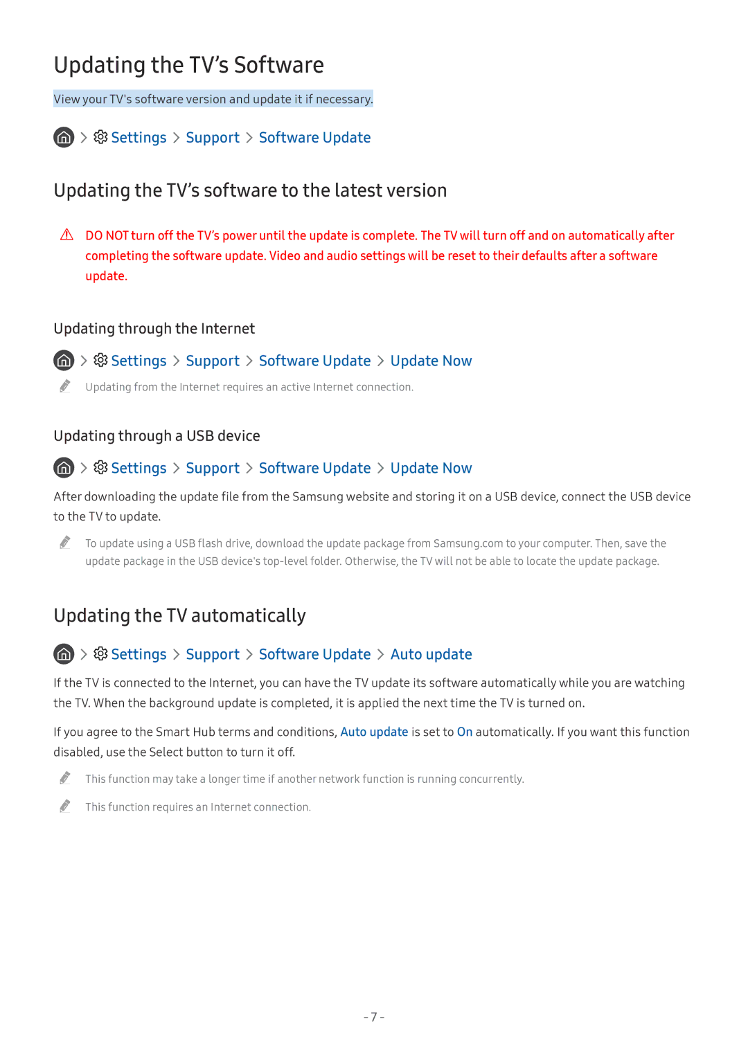 Samsung UE50MU6179UXZG, QE88Q9FGMTXZG manual Updating the TV’s Software, Updating the TV’s software to the latest version 