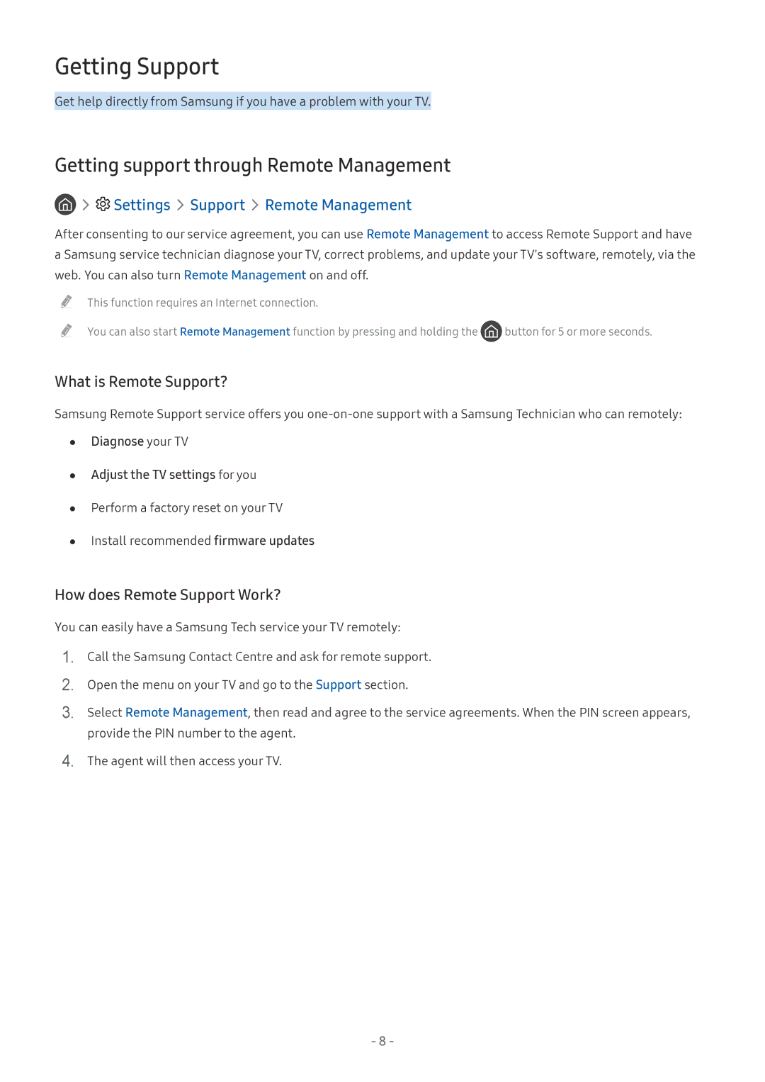 Samsung UE49MU7079TXZG Getting Support, Getting support through Remote Management, Settings Support Remote Management 