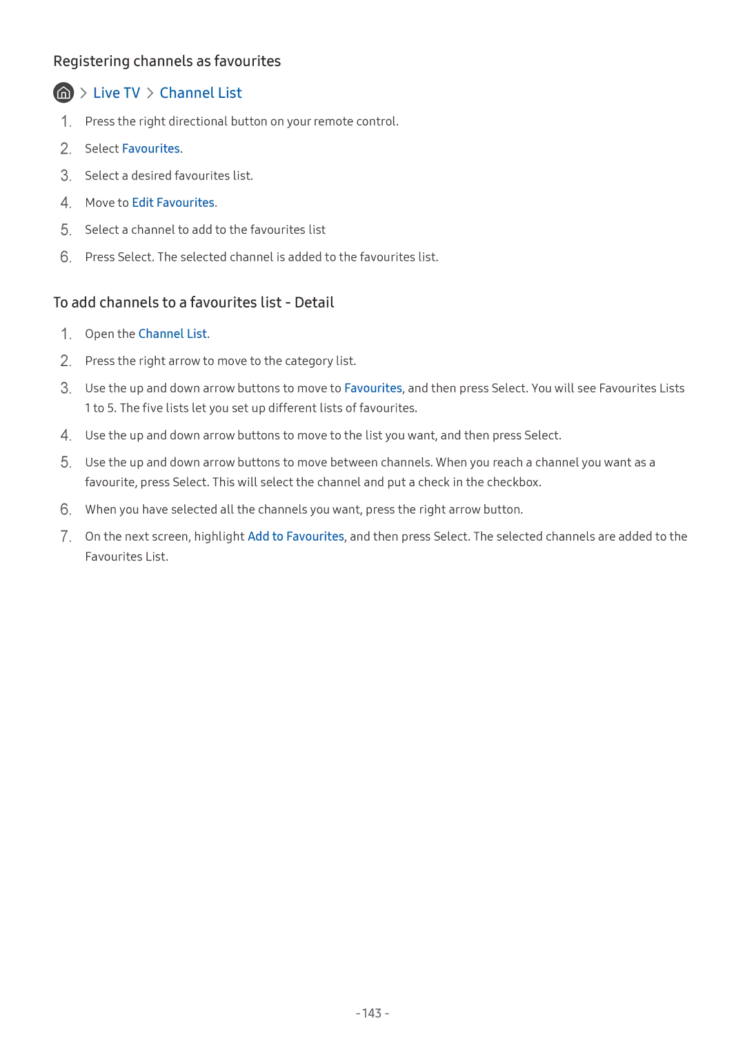 Samsung UE49MU6470UXZG, QE88Q9FGMTXZG manual Registering channels as favourites, To add channels to a favourites list Detail 