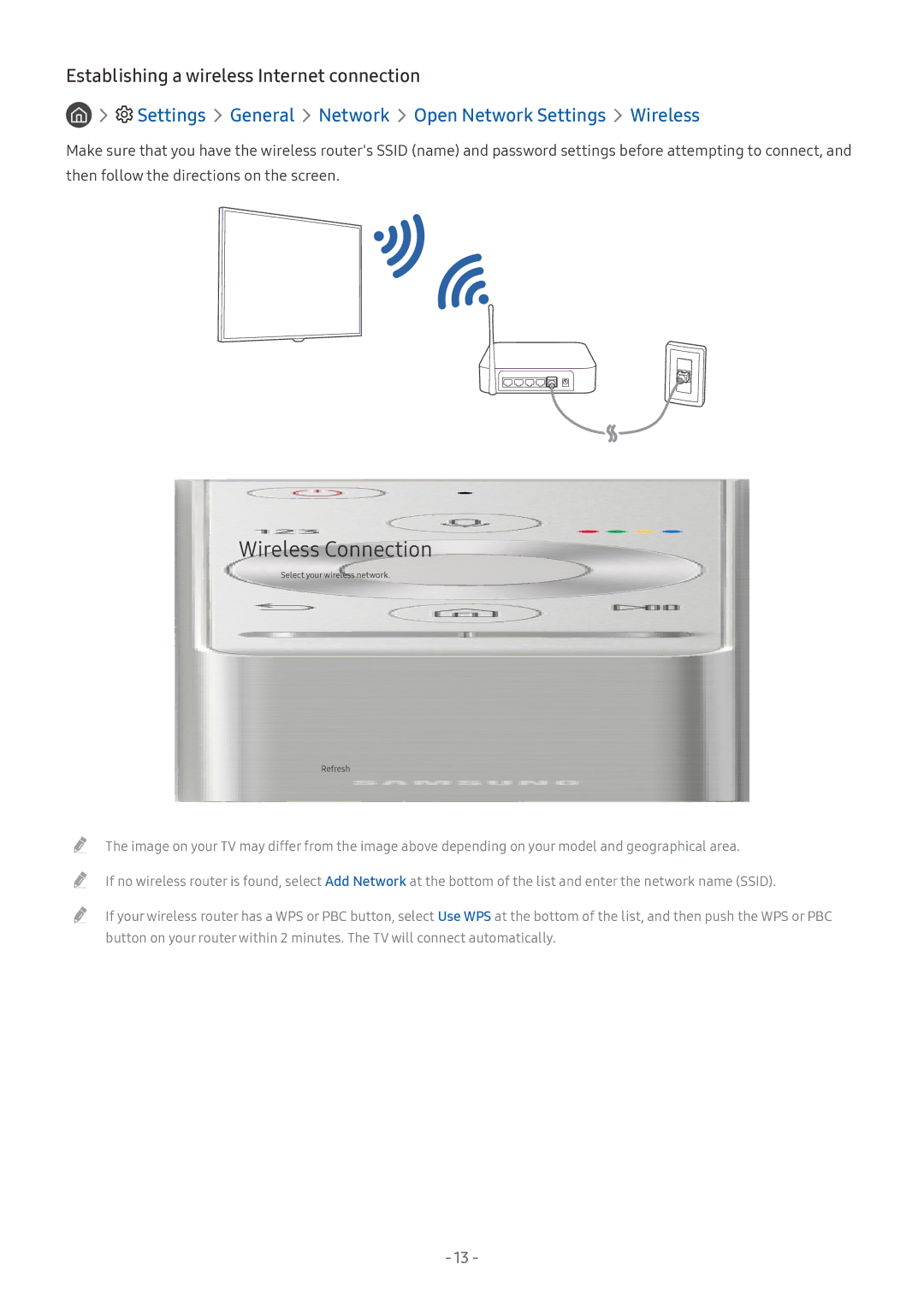 Samsung QE65Q7CGMTXZG Establishing a wireless Internet connection, Settings General Network Open Network Settings Wireless 