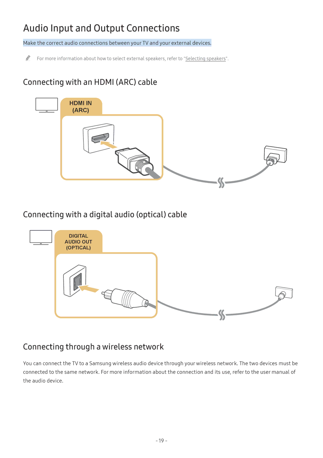 Samsung UE65MU7079TXZG, QE88Q9FGMTXZG, UE65MU9009TXZG Audio Input and Output Connections, Connecting with an Hdmi ARC cable 