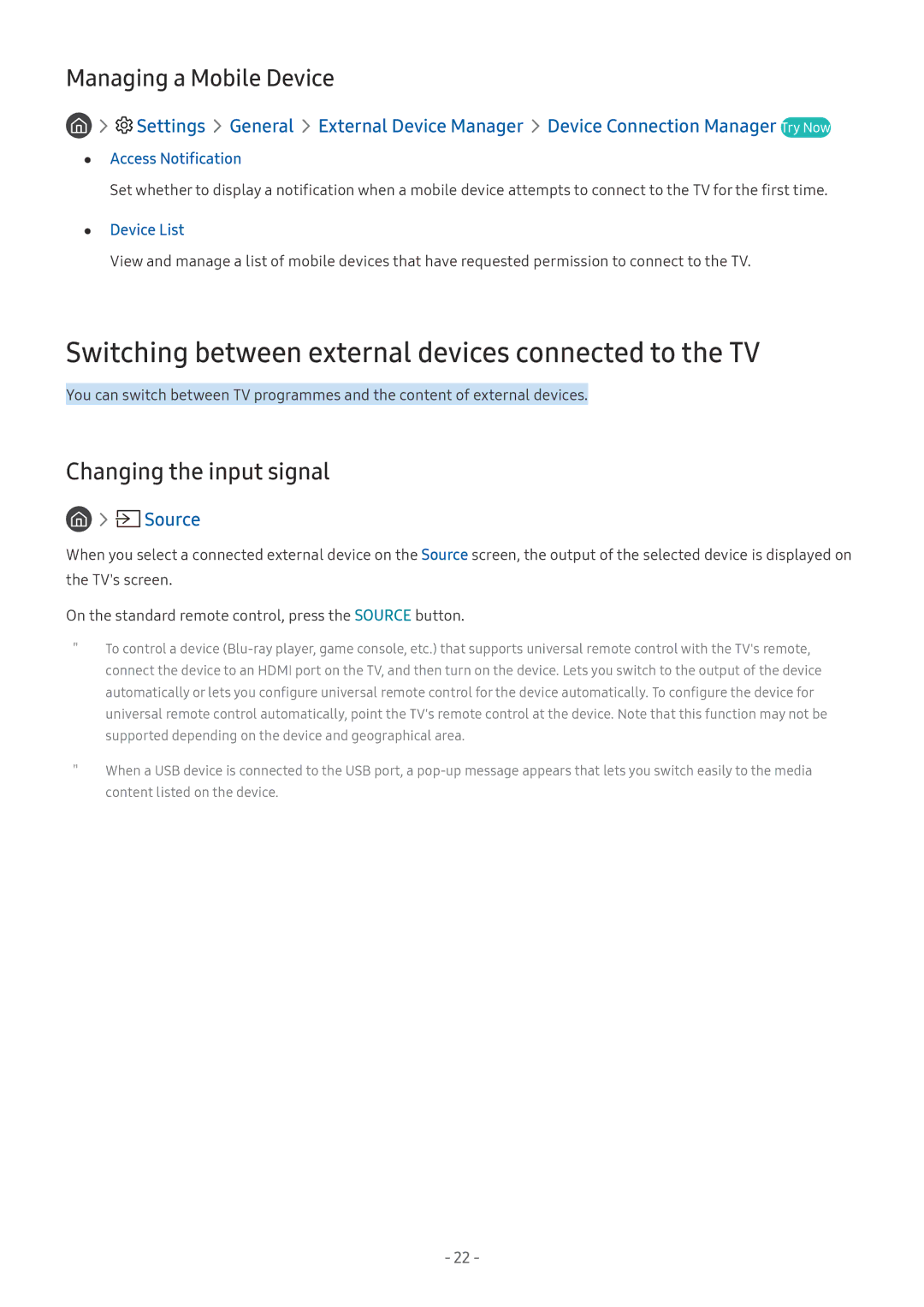 Samsung UE49MU7000TXZG manual Switching between external devices connected to the TV, Managing a Mobile Device, Device List 