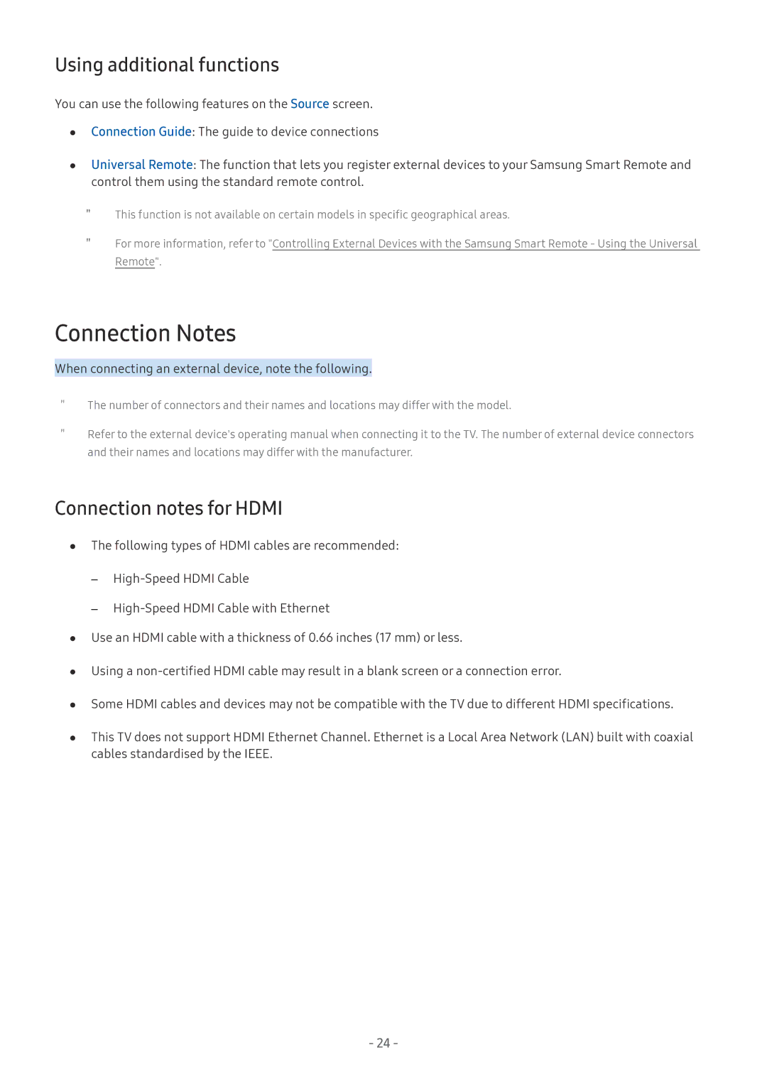 Samsung UE65MU6442UXXH, QE88Q9FGMTXZG manual Connection Notes, Using additional functions, Connection notes for Hdmi 