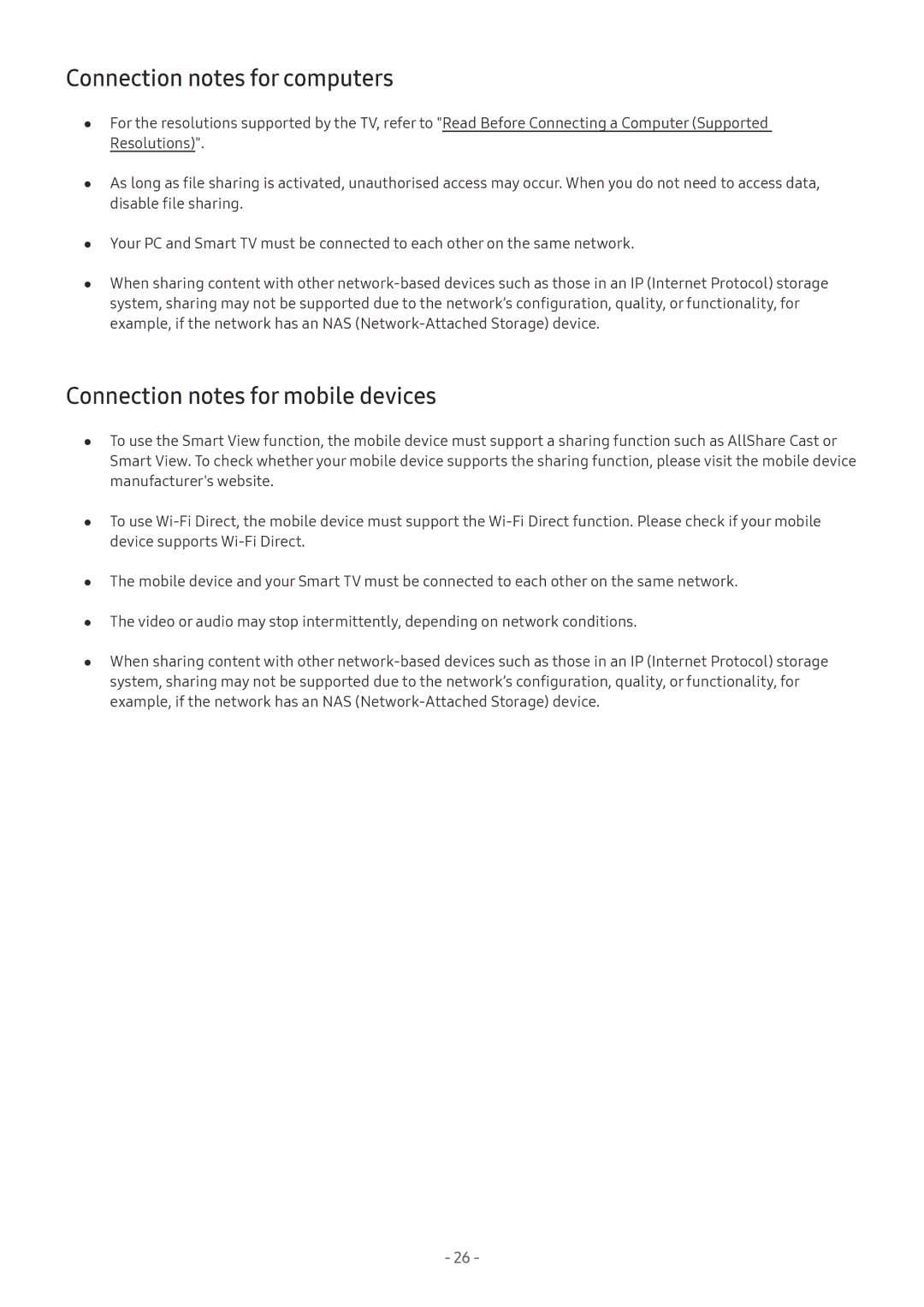 Samsung UE58MU6192UXXH, QE88Q9FGMTXZG, UE65MU9009TXZG Connection notes for computers, Connection notes for mobile devices 