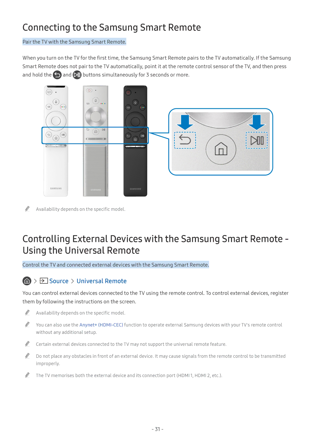 Samsung UE40MU6122KXXH, QE88Q9FGMTXZG, UE65MU9009TXZG manual Connecting to the Samsung Smart Remote, Source Universal Remote 