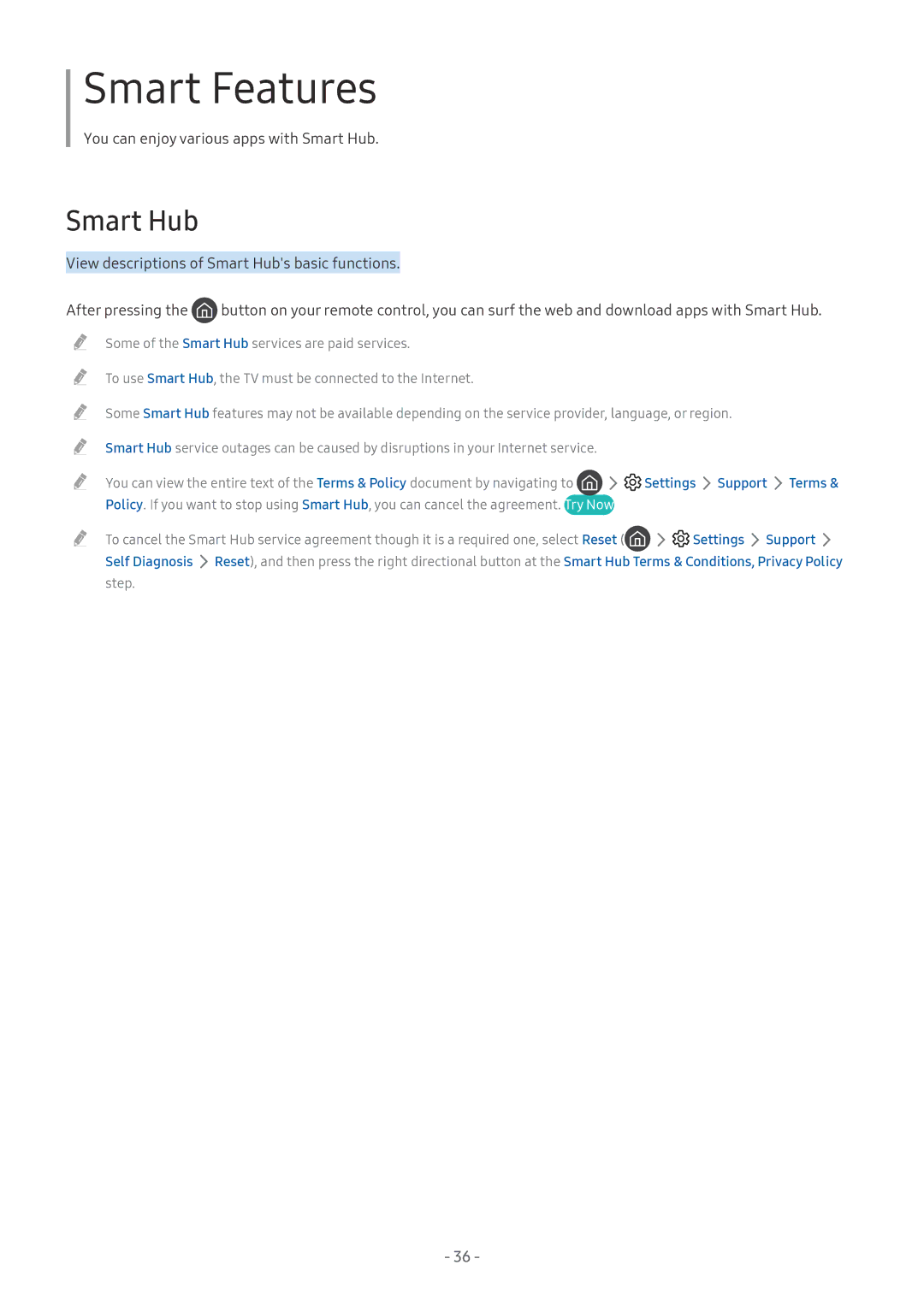 Samsung QE65Q7FAMTXZG, QE88Q9FGMTXZG, UE65MU9009TXZG, UE55MU7009TXZG manual Smart Hub, Settings Support Terms, Self Diagnosis 