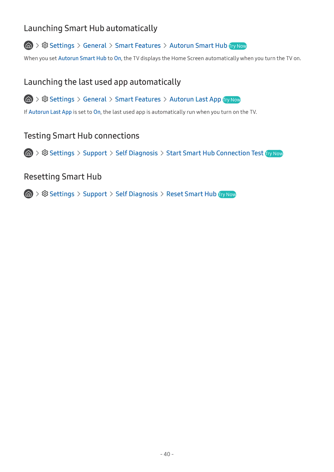 Samsung UE75MU6179UXZG Launching Smart Hub automatically, Launching the last used app automatically, Resetting Smart Hub 