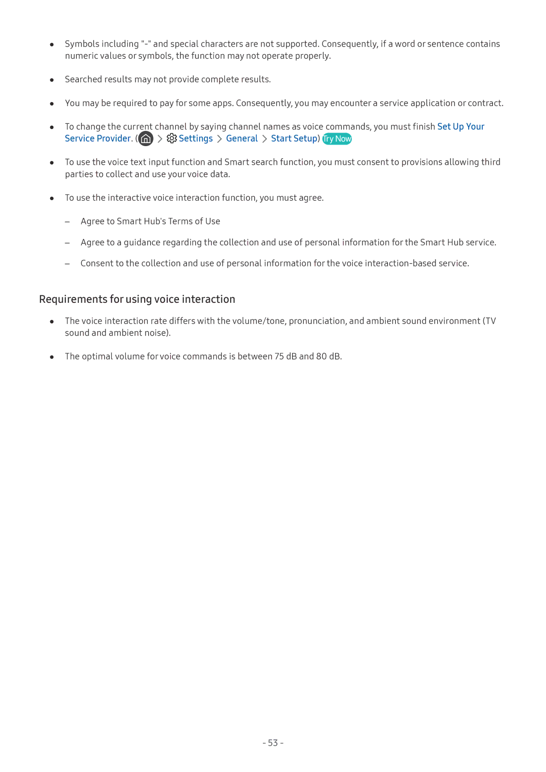 Samsung QE55Q6FGMTXZG Requirements for using voice interaction, Service Provider Settings General Start Setup Try Now 