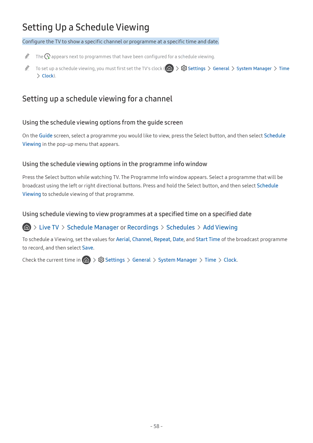 Samsung UE55LS003AUXZG, QE88Q9FGMTXZG manual Setting Up a Schedule Viewing, Setting up a schedule viewing for a channel 