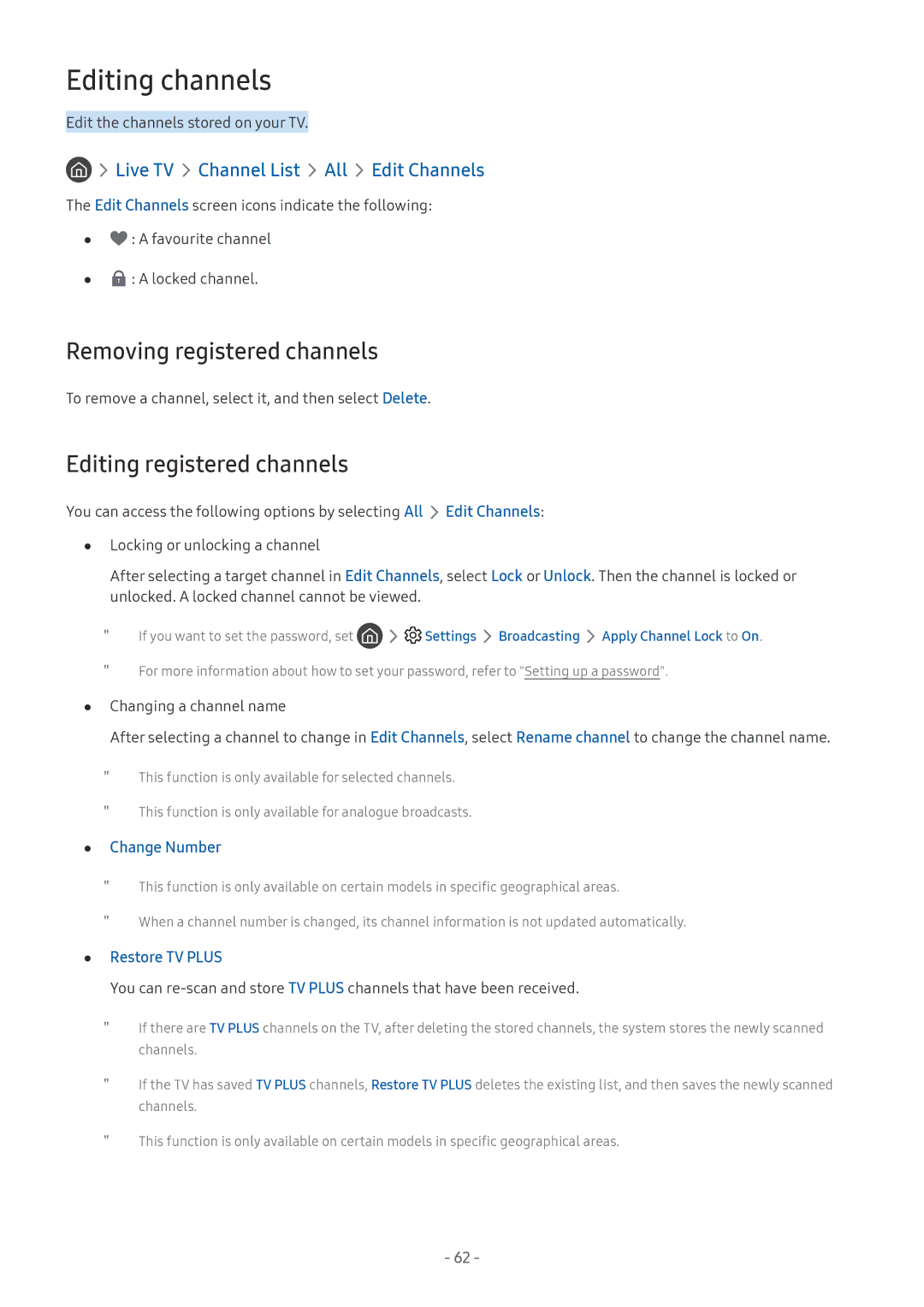 Samsung UE43MU6179UXZG, QE88Q9FGMTXZG manual Editing channels, Removing registered channels, Editing registered channels 