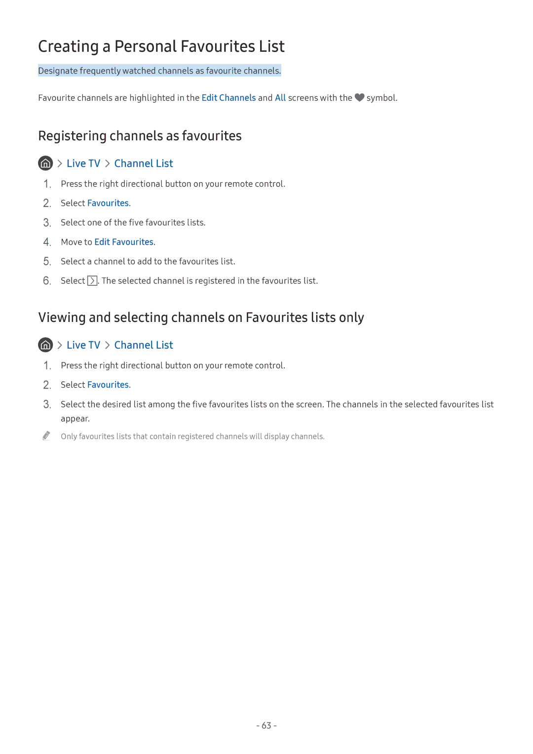 Samsung UE65MU7009TXZG manual Creating a Personal Favourites List, Registering channels as favourites, Select Favourites 