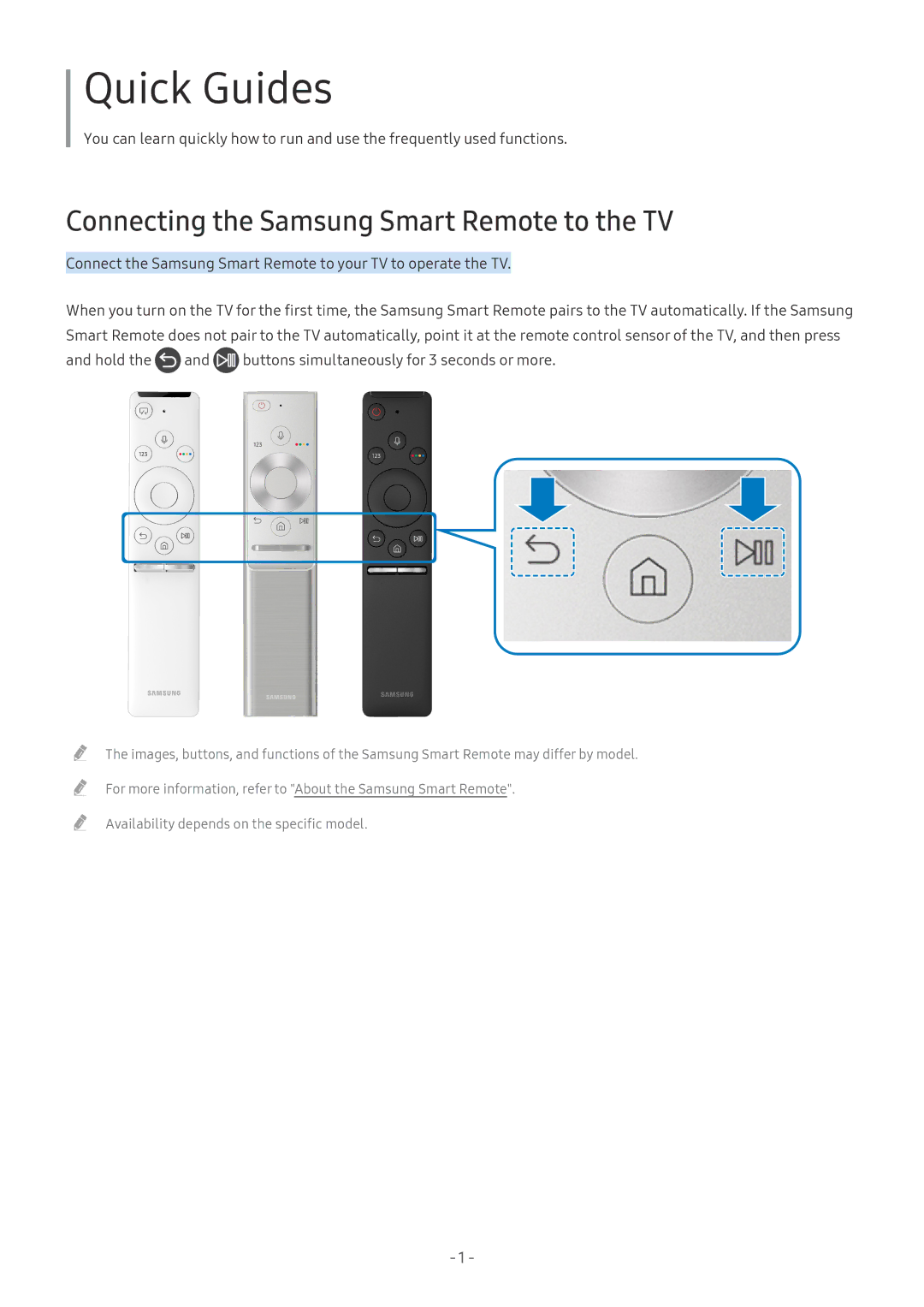 Samsung UE65MU6449UXZG, QE88Q9FGMTXZG, UE65MU9009TXZG manual Quick Guides, Connecting the Samsung Smart Remote to the TV 