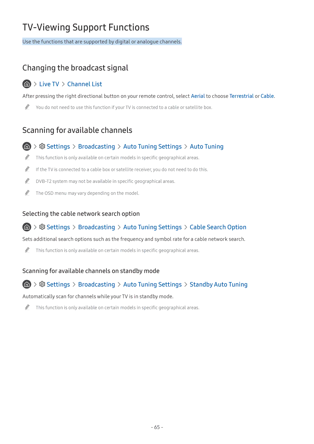 Samsung UE55MU7079TXZG manual TV-Viewing Support Functions, Changing the broadcast signal, Scanning for available channels 