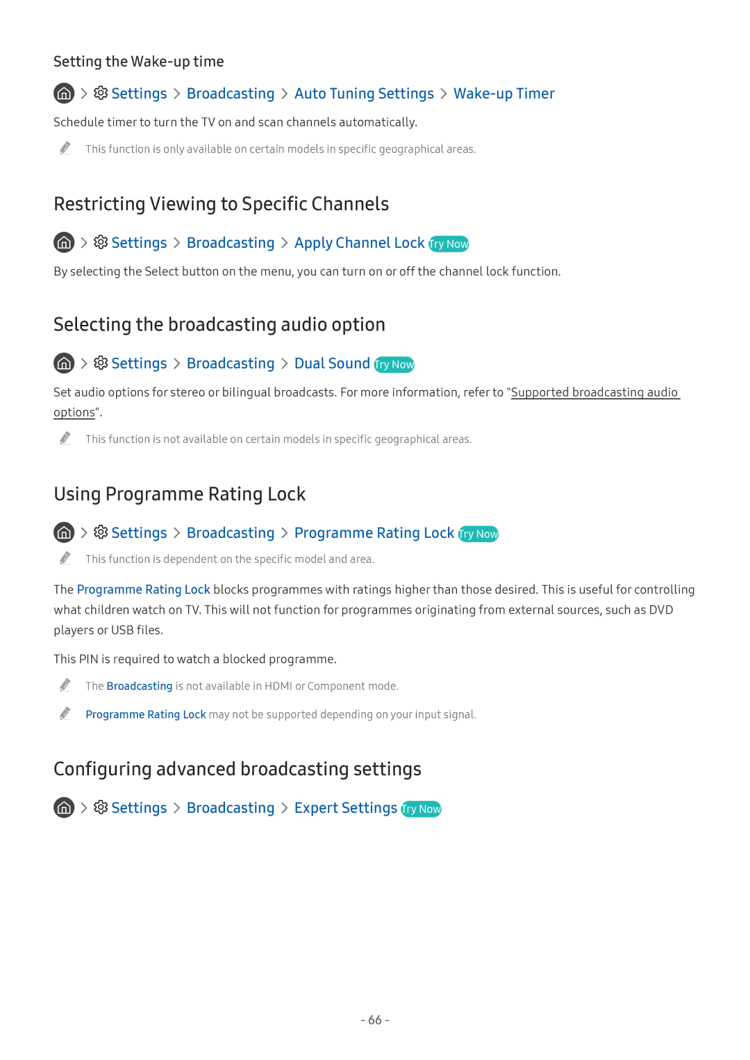 Samsung UE55MU6509UXZG, QE88Q9FGMTXZG Restricting Viewing to Specific Channels, Selecting the broadcasting audio option 