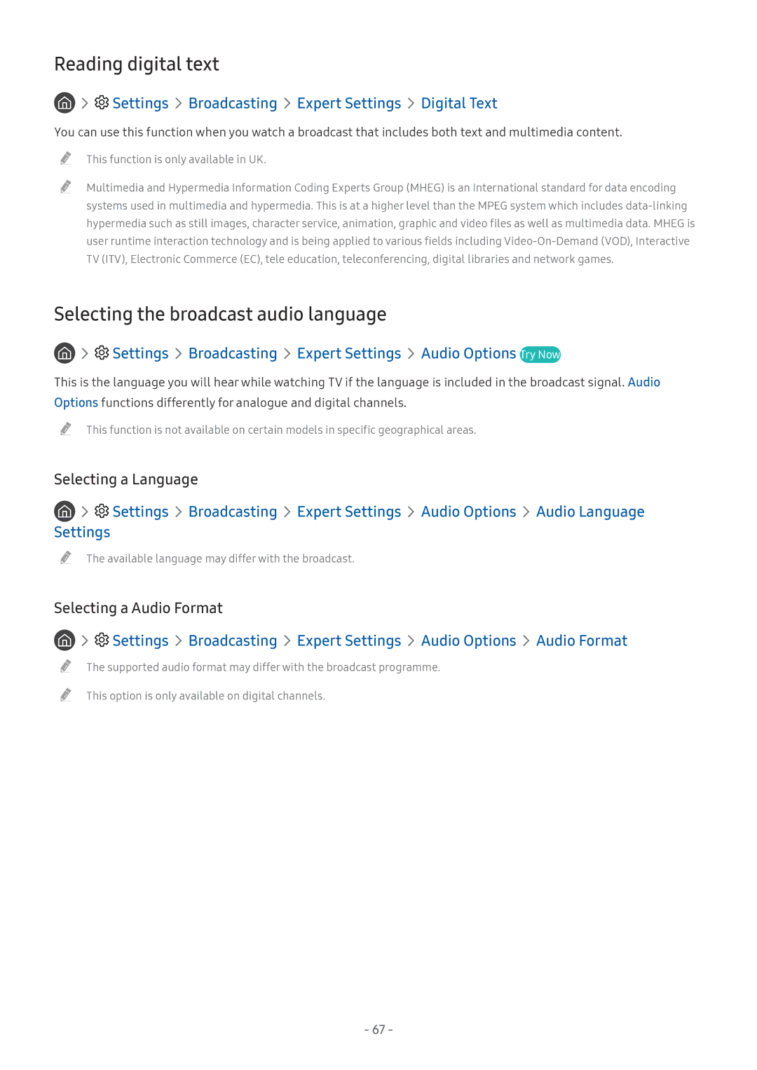 Samsung UE55MU6449UXZG, QE88Q9FGMTXZG, UE65MU9009TXZG manual Reading digital text, Selecting the broadcast audio language 