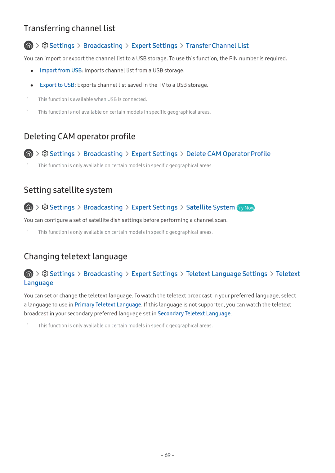 Samsung UE49MU6479UXZG, QE88Q9FGMTXZG Transferring channel list, Deleting CAM operator profile, Setting satellite system 