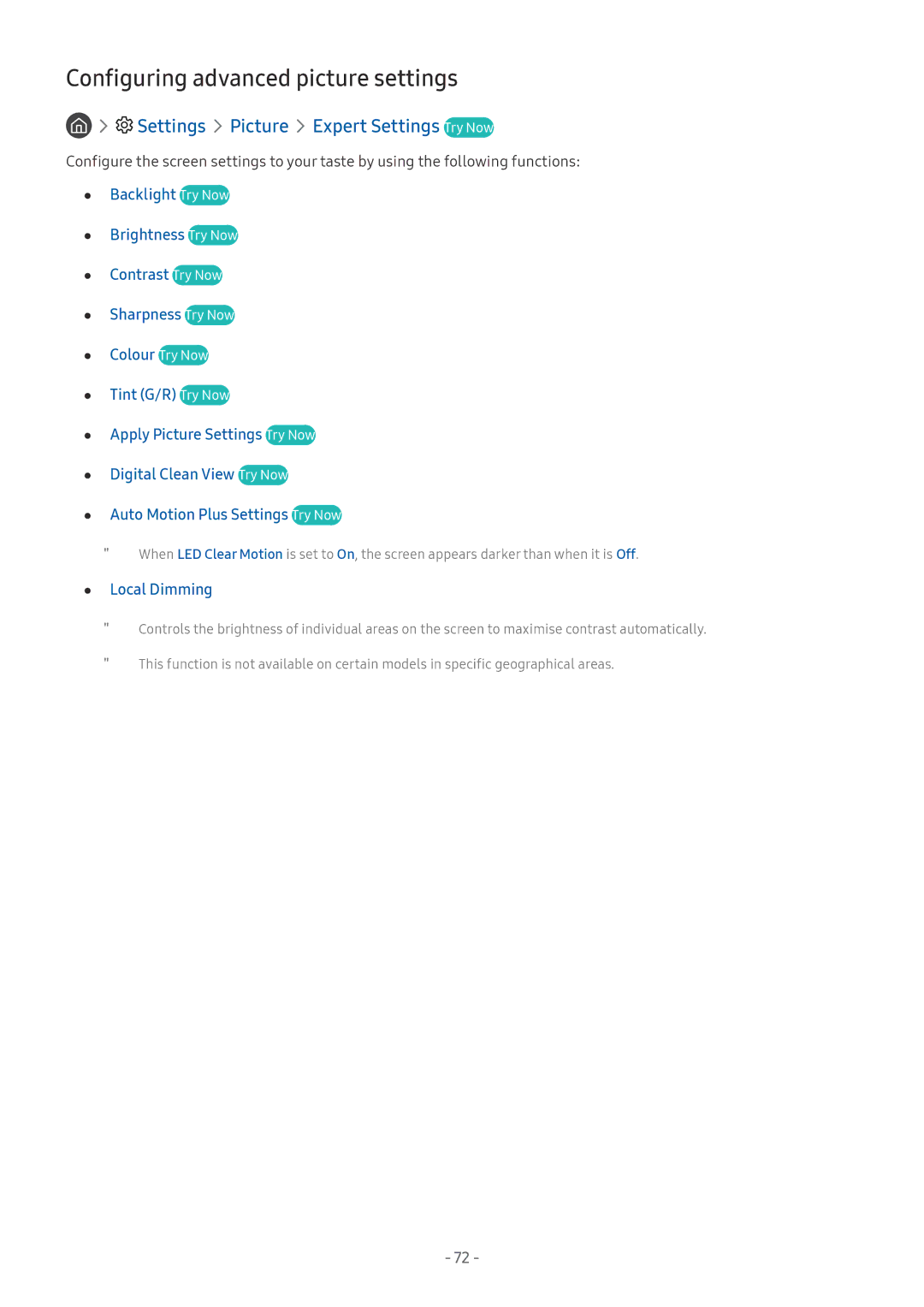 Samsung UE55MU6459UXZG Configuring advanced picture settings, Settings Picture Expert Settings Try Now, Local Dimming 