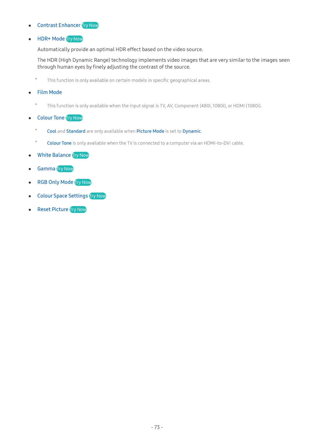 Samsung UE65MU6279UXZG, QE88Q9FGMTXZG manual Contrast Enhancer Try Now HDR+ Mode Try Now, Film Mode, Colour Tone Try Now 