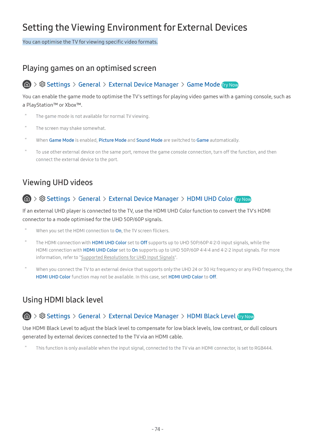 Samsung UE65MU7059TXZG manual Setting the Viewing Environment for External Devices, Playing games on an optimised screen 