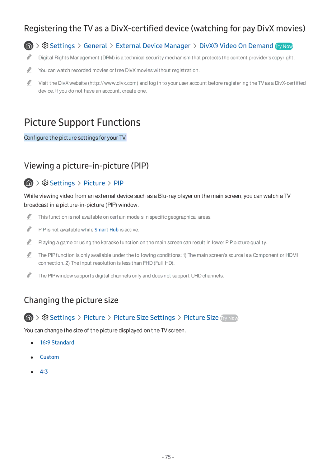 Samsung UE55MU6279UXZG manual Picture Support Functions, Viewing a picture-in-picture PIP, Changing the picture size 