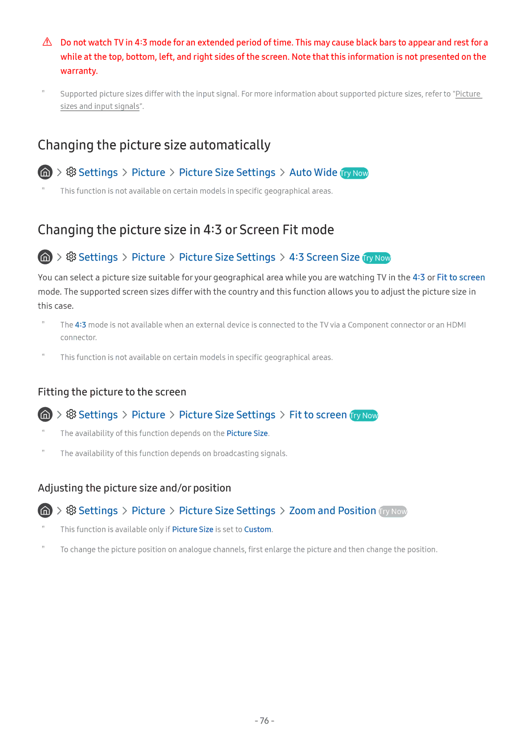 Samsung UE49MU6459UXZG manual Changing the picture size automatically, Changing the picture size in 43 or Screen Fit mode 