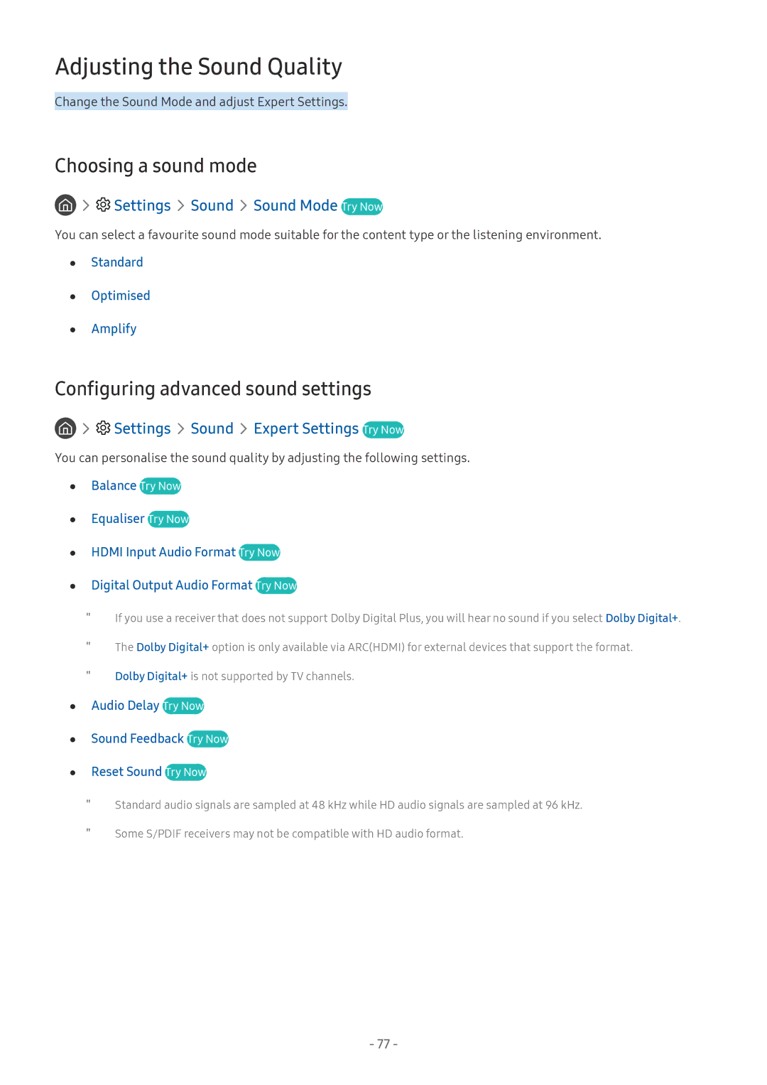 Samsung UE40MU6409UXZG manual Adjusting the Sound Quality, Choosing a sound mode, Configuring advanced sound settings 