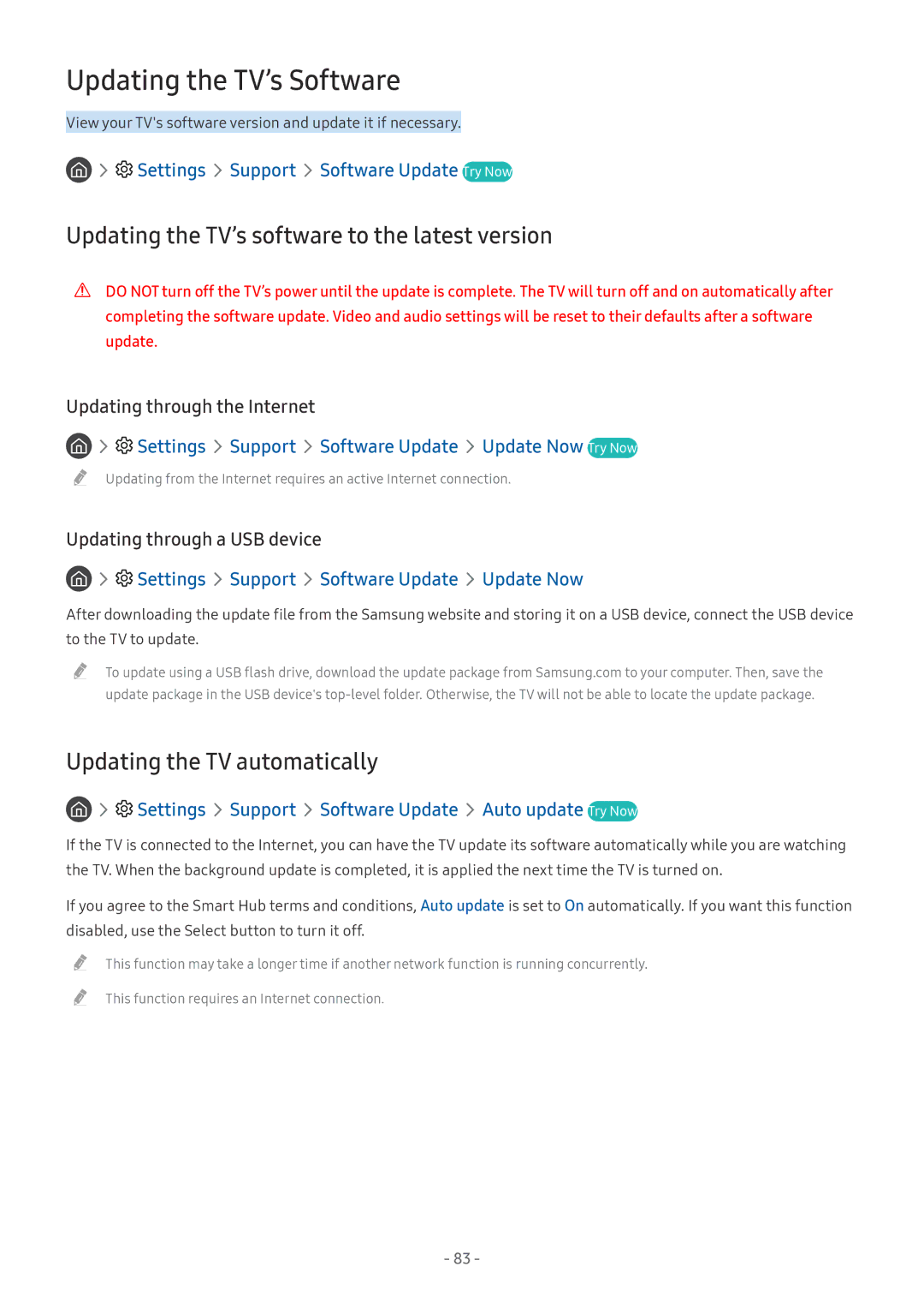 Samsung UE75MU7002TXXH manual Settings Support Software Update Try Now, Settings Support Software Update Update Now Try Now 