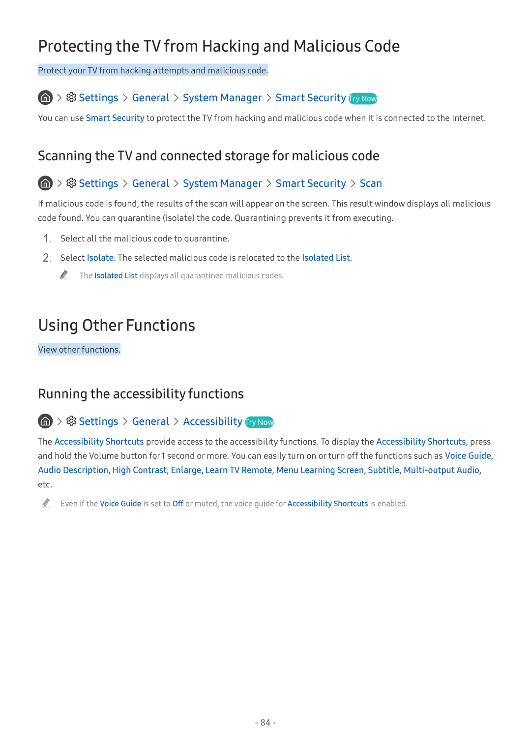 Samsung UE65MU8002TXXH, QE88Q9FGMTXZG manual Protecting the TV from Hacking and Malicious Code, Using Other Functions 