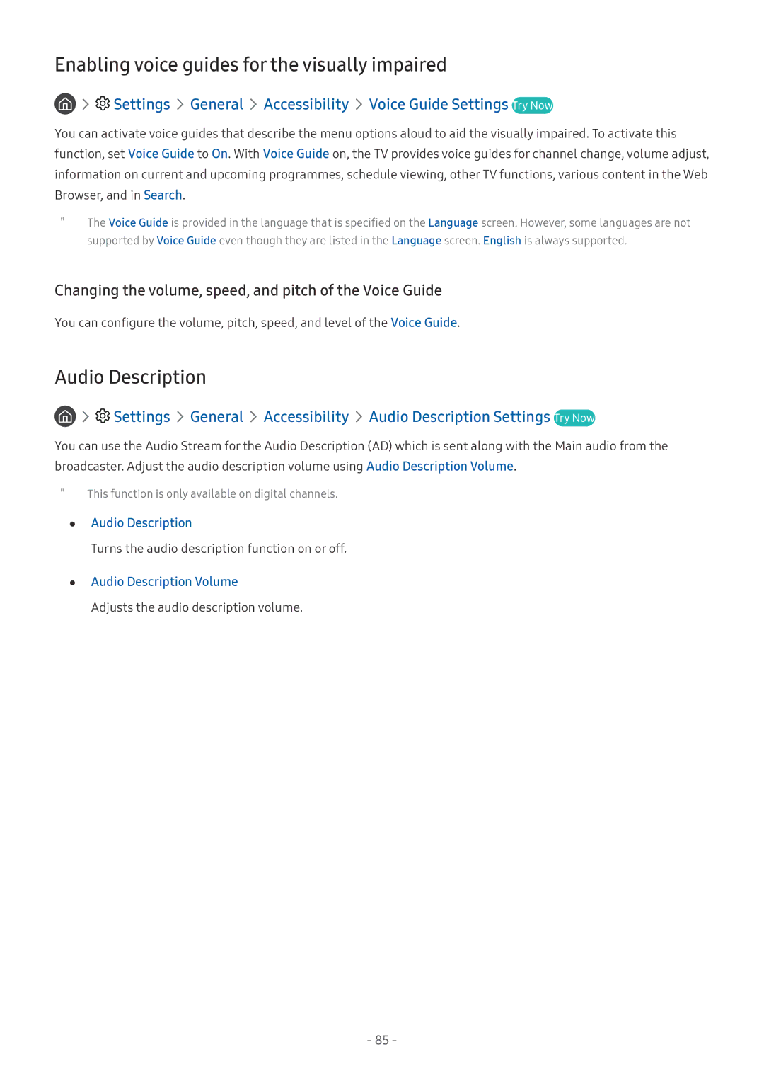 Samsung UE65MU6470UXZG, QE88Q9FGMTXZG, UE65MU9009TXZG Enabling voice guides for the visually impaired, Audio Description 