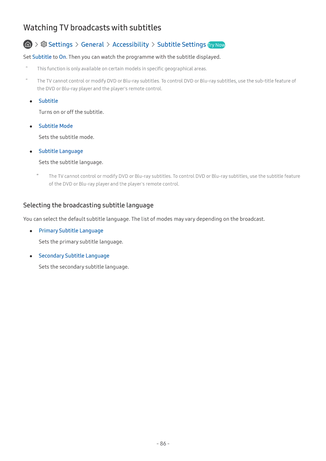 Samsung UE65MU6122KXXH Watching TV broadcasts with subtitles, Settings General Accessibility Subtitle Settings Try Now 