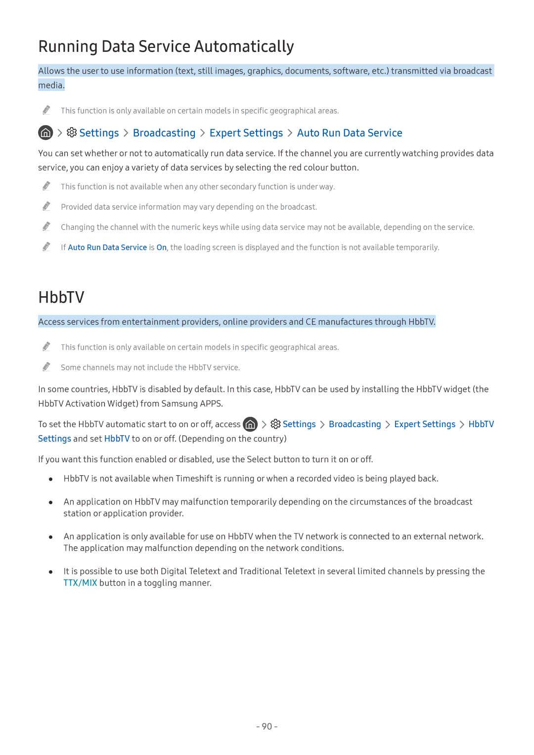 Samsung UE49MU8002TXXH, QE88Q9FGMTXZG Running Data Service Automatically, Settings Broadcasting Expert Settings HbbTV 
