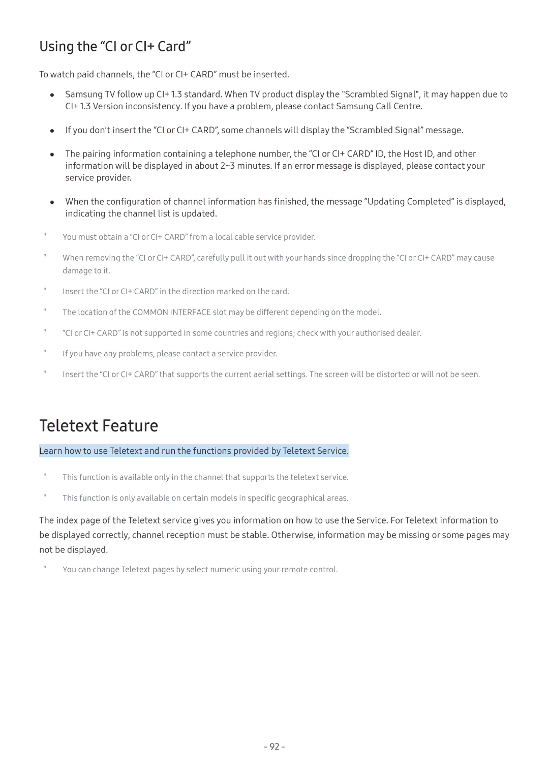 Samsung UE40MU6102KXXH, QE88Q9FGMTXZG, UE65MU9009TXZG, UE55MU7009TXZG manual Teletext Feature, Using the CI or CI+ Card 