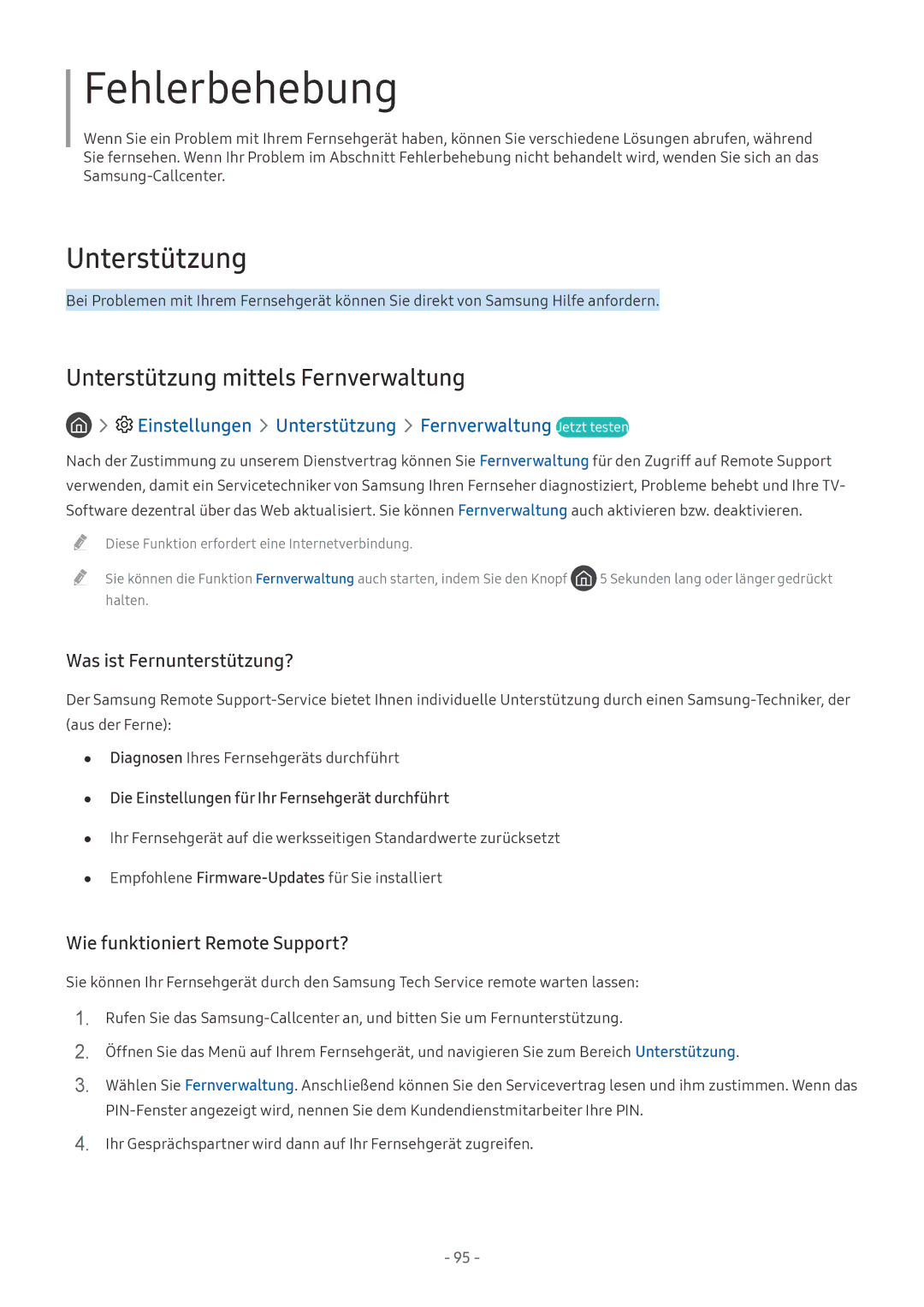Samsung UE55MU7000TXZG, QE88Q9FGMTXZG manual Fehlerbehebung, Einstellungen Unterstützung Fernverwaltung Jetzt testen 