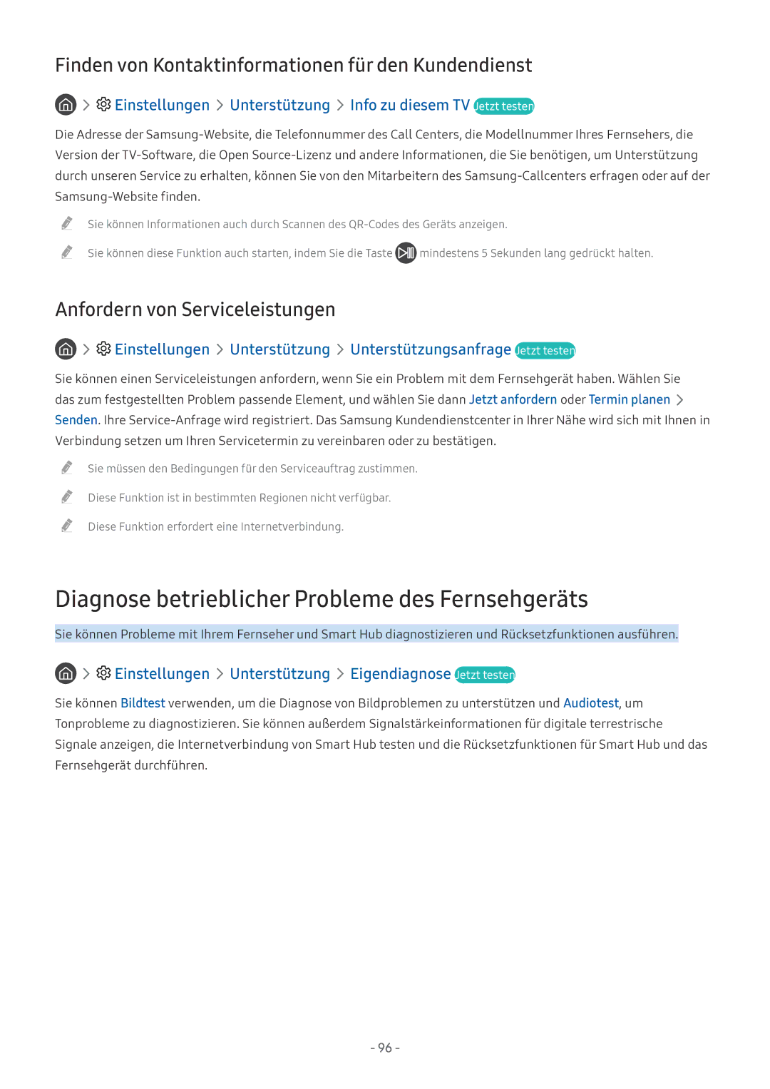 Samsung UE55MU6470UXZG, QE88Q9FGMTXZG, UE65MU9009TXZG, UE55MU7009TXZG manual Diagnose betrieblicher Probleme des Fernsehgeräts 