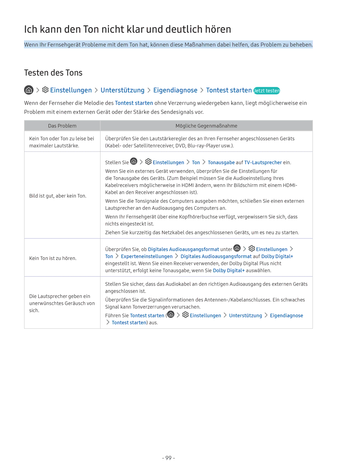 Samsung QE65Q8FAMTXZG, QE88Q9FGMTXZG, UE65MU9009TXZG manual Ich kann den Ton nicht klar und deutlich hören, Testen des Tons 