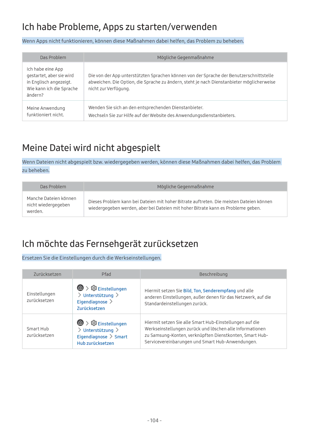 Samsung UE49MU7002TXXH, QE88Q9FGMTXZG manual Ich habe Probleme, Apps zu starten/verwenden, Meine Datei wird nicht abgespielt 