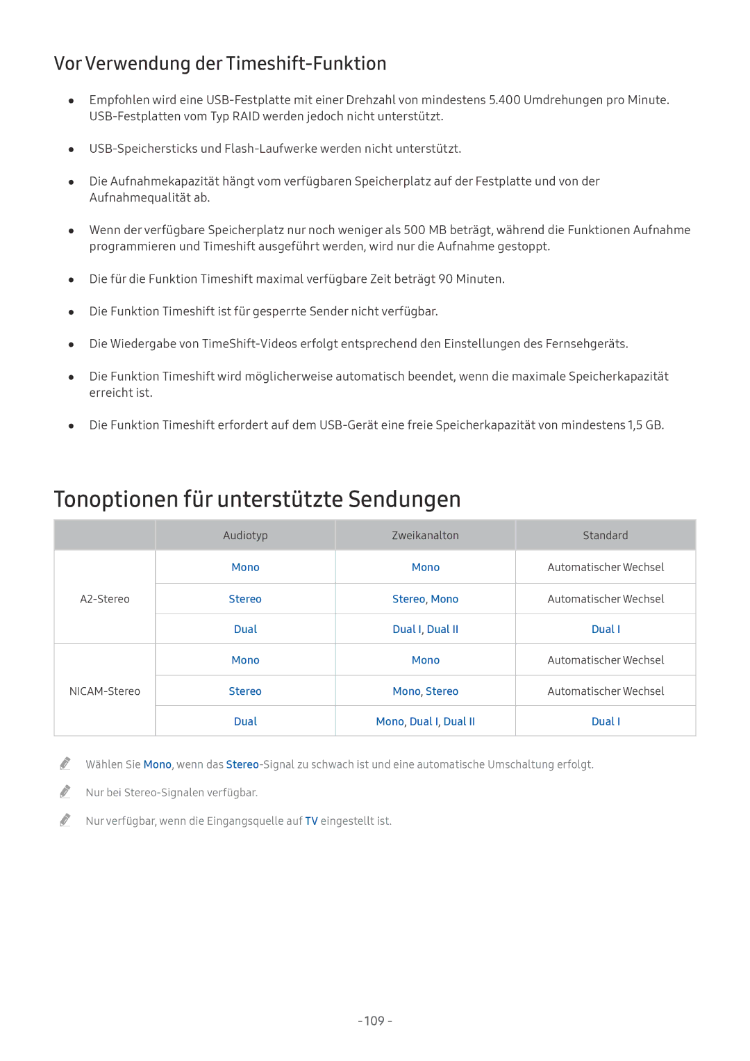 Samsung QE49Q7CAMTXZG, QE88Q9FGMTXZG Tonoptionen für unterstützte Sendungen, Vor Verwendung der Timeshift-Funktion, Dual 