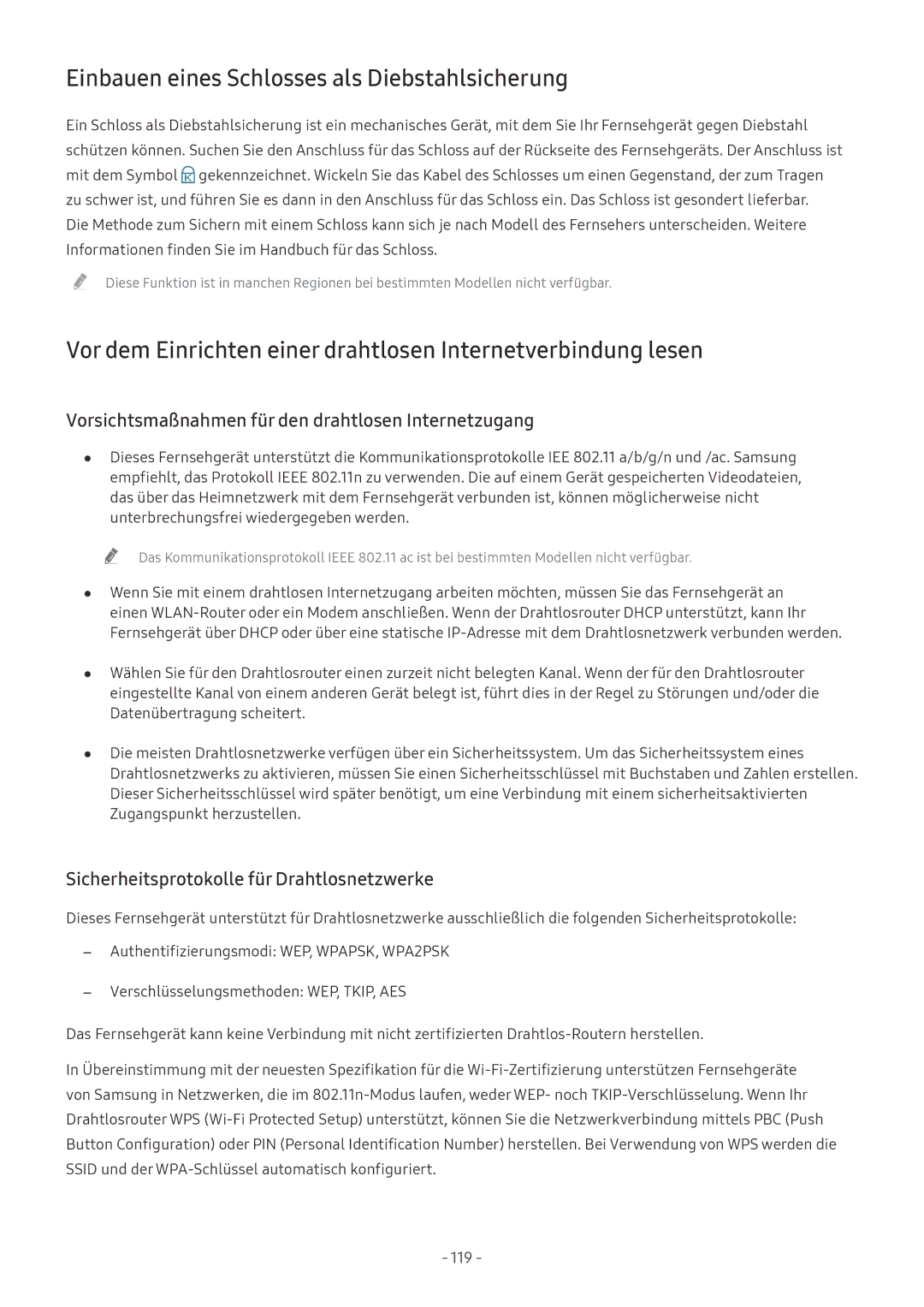 Samsung UE55MU8000TXZG manual Einbauen eines Schlosses als Diebstahlsicherung, Sicherheitsprotokolle für Drahtlosnetzwerke 