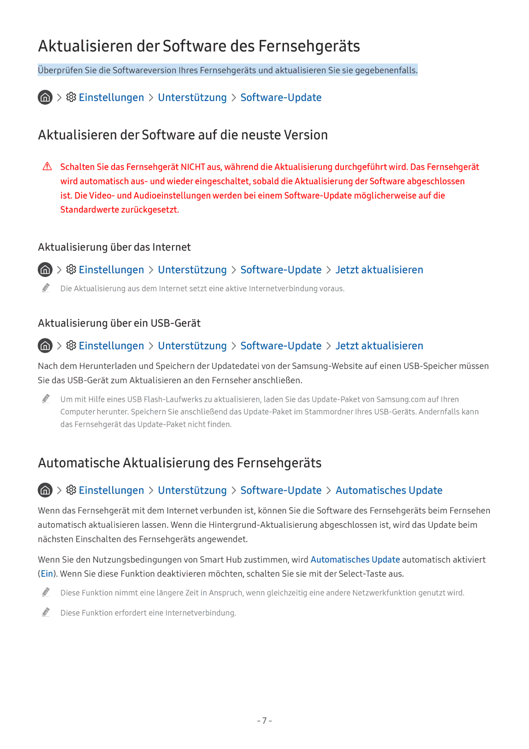 Samsung UE50MU6179UXZG Aktualisieren der Software des Fernsehgeräts, Aktualisieren der Software auf die neuste Version 