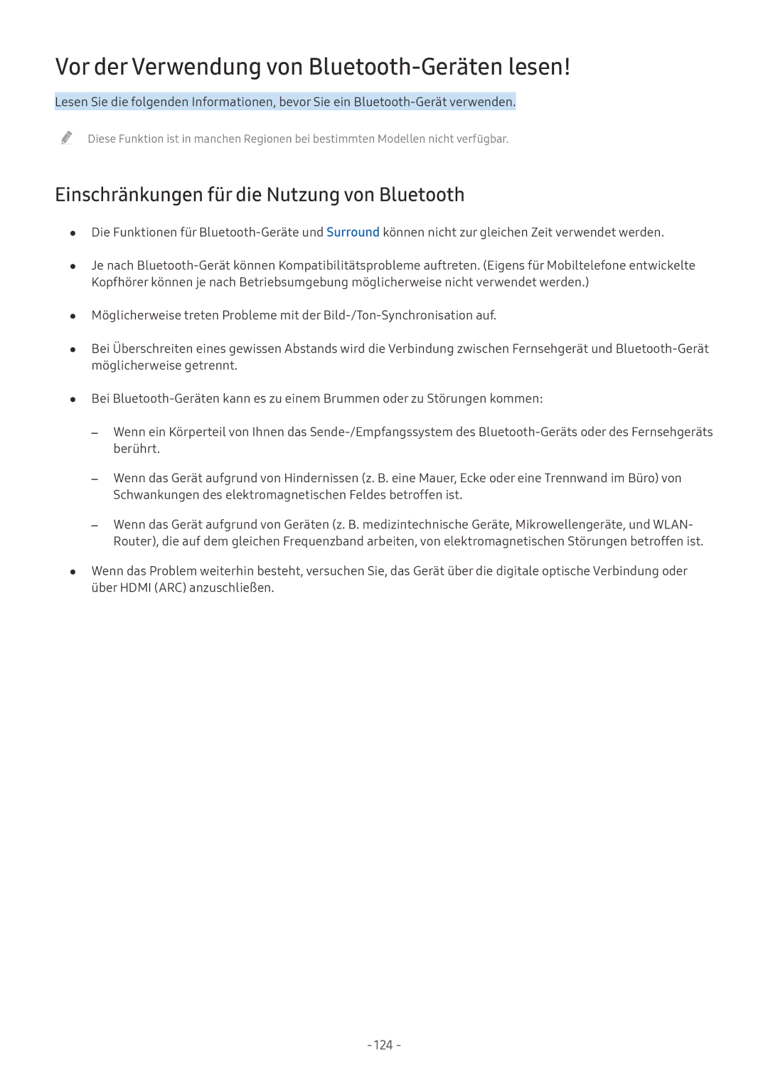 Samsung UE49MU6270UXZG manual Vor der Verwendung von Bluetooth-Geräten lesen, Einschränkungen für die Nutzung von Bluetooth 