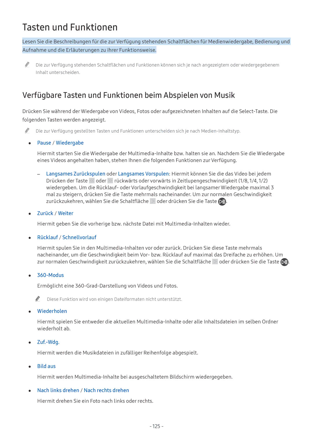 Samsung UE50MU6102KXXH, QE88Q9FGMTXZG, UE65MU9009TXZG manual Verfügbare Tasten und Funktionen beim Abspielen von Musik 