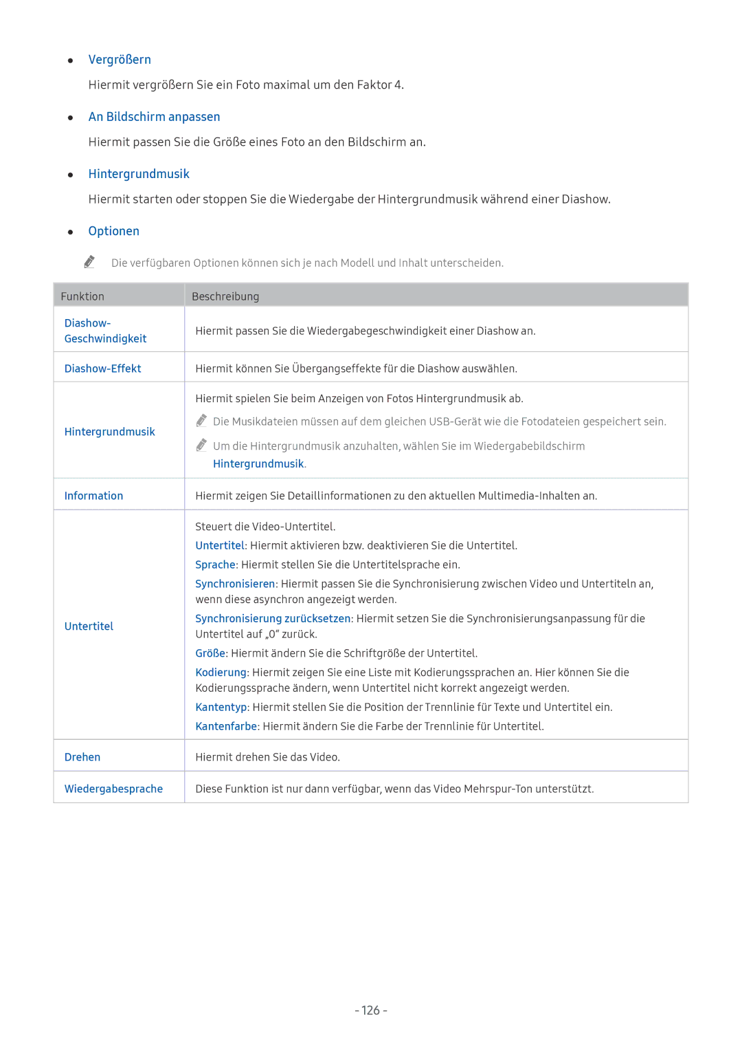 Samsung UE49MU8000TXZG, QE88Q9FGMTXZG, UE65MU9009TXZG manual Vergrößern, An Bildschirm anpassen, Hintergrundmusik, Optionen 