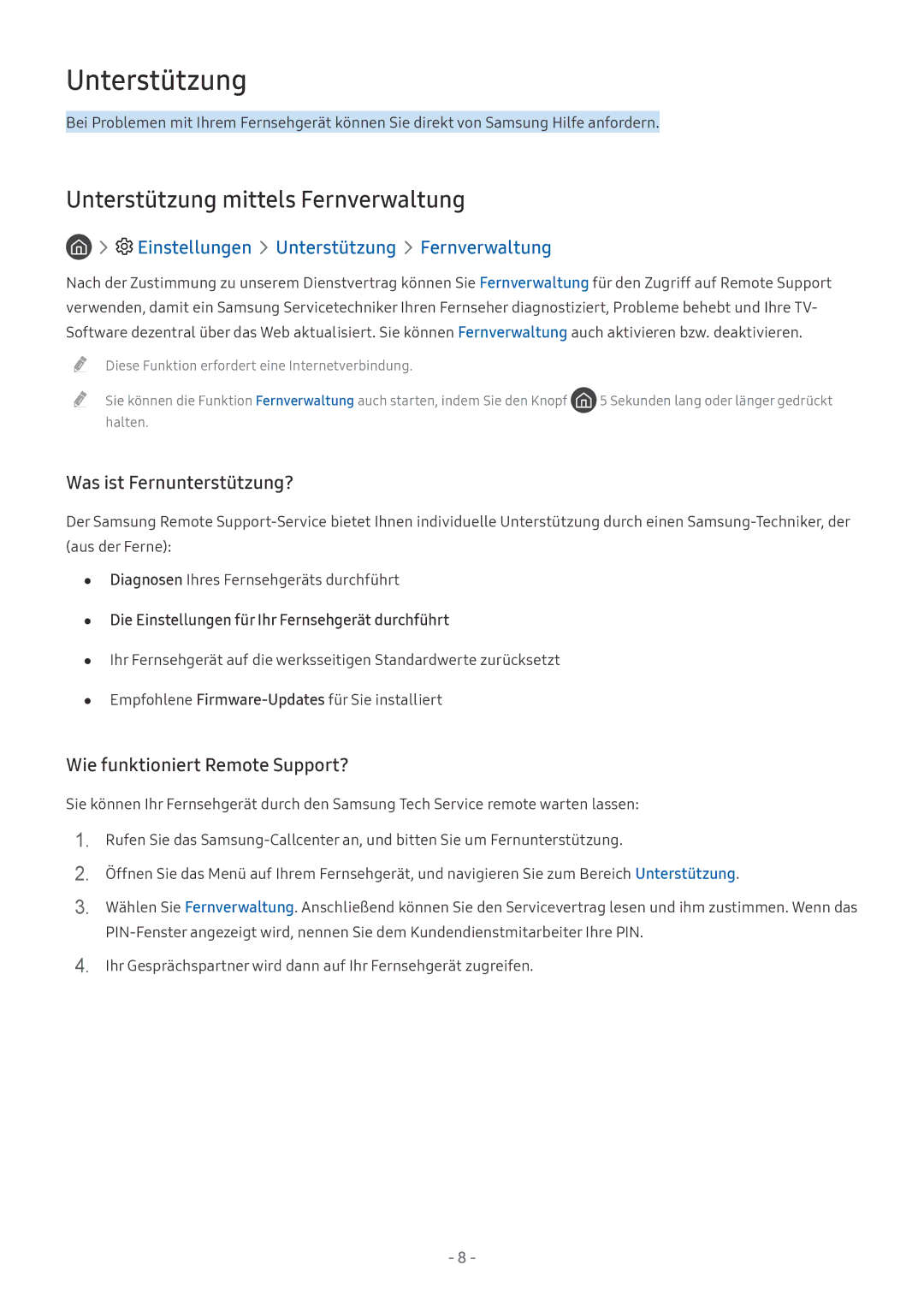 Samsung UE49MU7079TXZG, QE88Q9FGMTXZG Unterstützung mittels Fernverwaltung, Einstellungen Unterstützung Fernverwaltung 