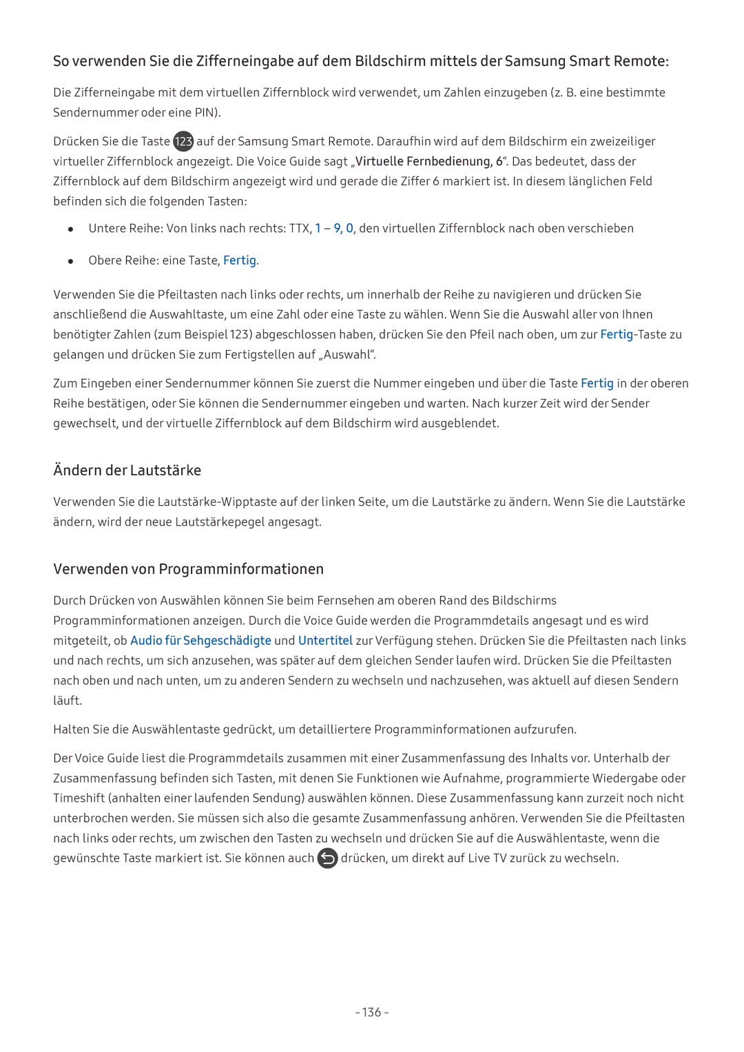 Samsung QE75Q7FAMTXZG, QE88Q9FGMTXZG, UE65MU9009TXZG manual Ändern der Lautstärke, Verwenden von Programminformationen 